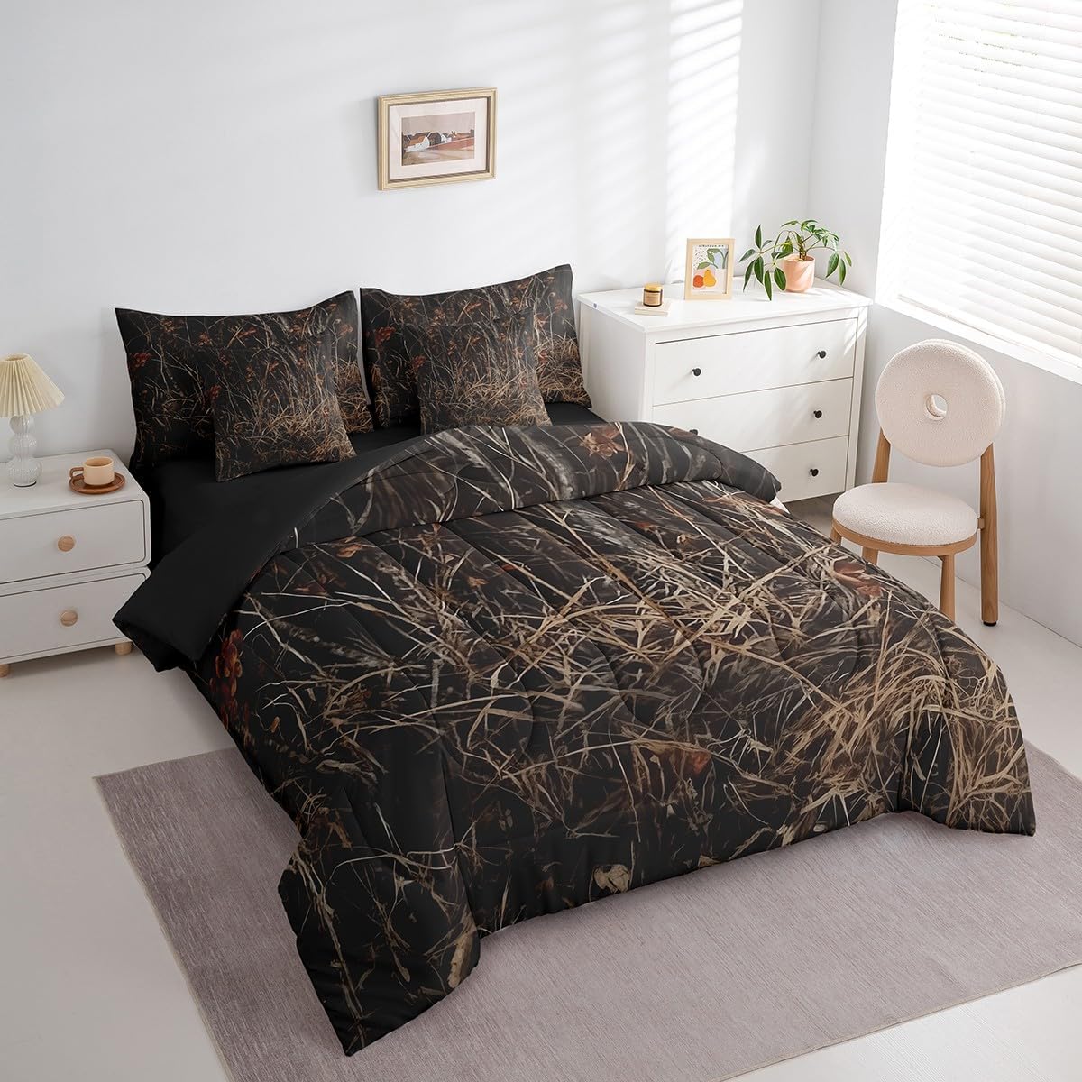 Rustic Comforter Set 7 Pieces Camo Country Bedding Set,Woodland Farmhouse Camouflage Bed In A Bag King,Western Hunting Lodge Forest Sheet Set With Comforter for Adults Men Women Bedroom Decor