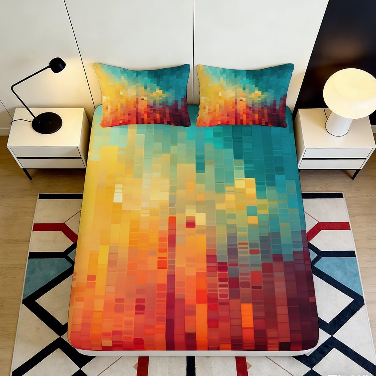 3D Printed Sunset Gradient Fitted Sheet Microfiber Soft Breathable Pixelated Pattern Mattress Cover for Bedroom Dorm Dormitory Guest Room Protection 200x200x25cm