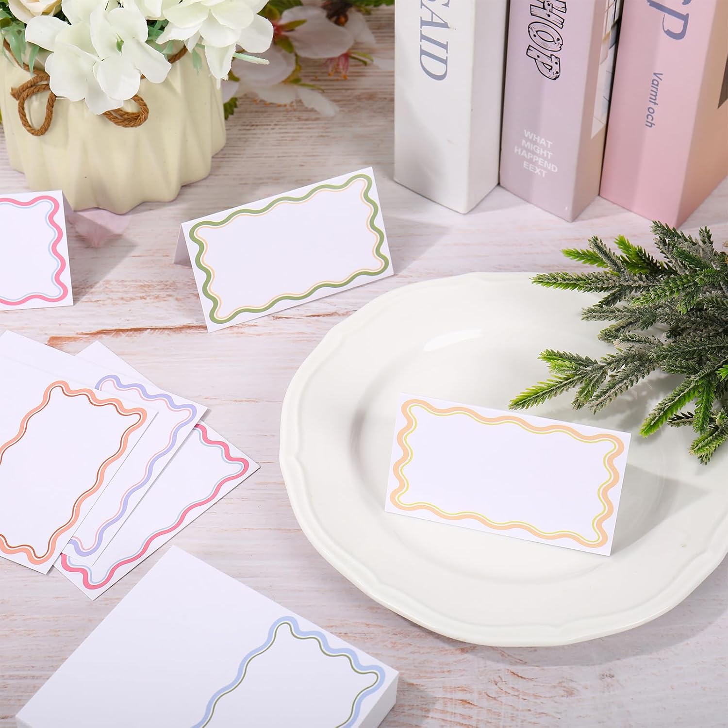 Whaline 60 Pcs Scalloped Print Place Cards 3.2 x 4 Inch Colorful Tent Name Cards Blank Seat Assignment Label Card for Wedding Baby Shower Party Table Setting Supplies