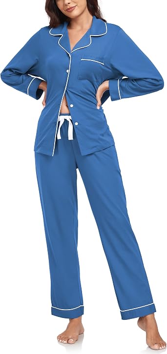 ANLIQI 100% Cotton Pajamas for Women Button Down Pajamas Long Sleeve Top & Pant Sleepwear Loungewear Pj Set with Pockets