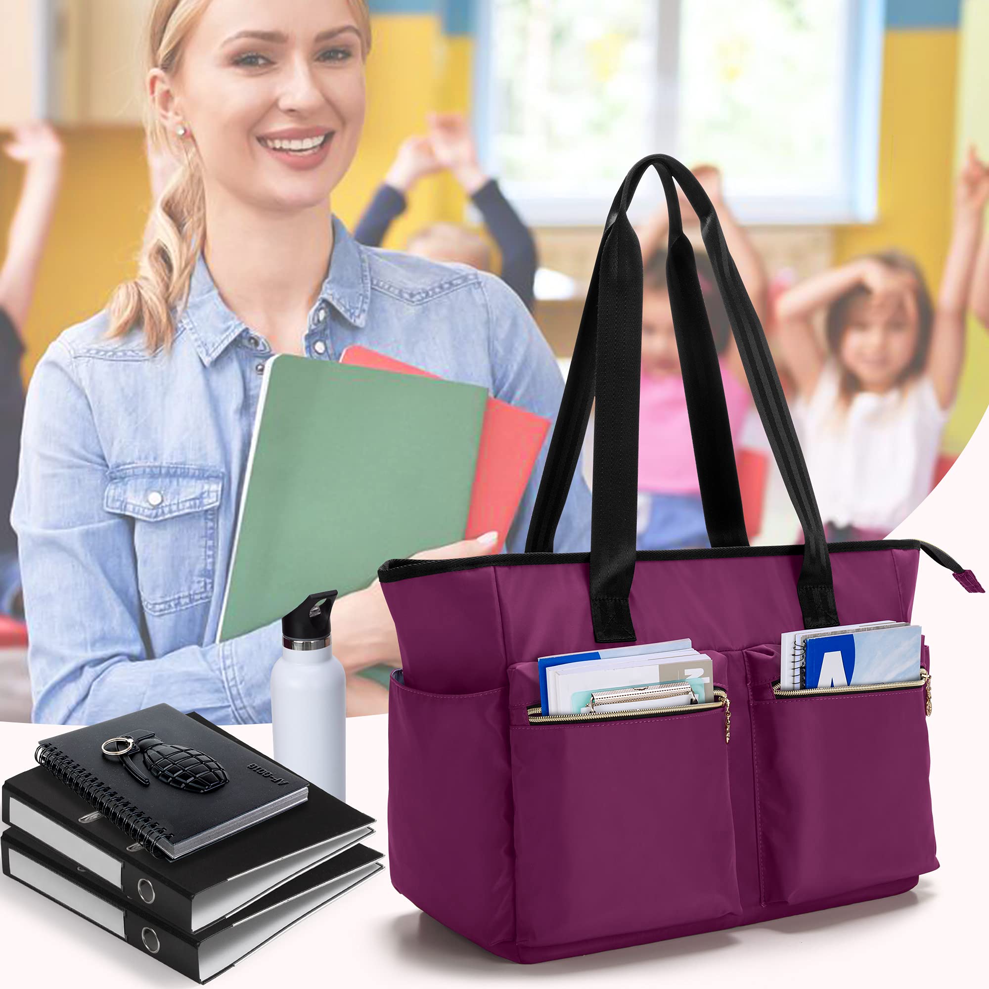 Damero Borsa dell'insegnante, grandi Borse Tote per insegnante, scuola, ufficio, affari con cerniera superiore e tasca imbottita per laptop,Viola