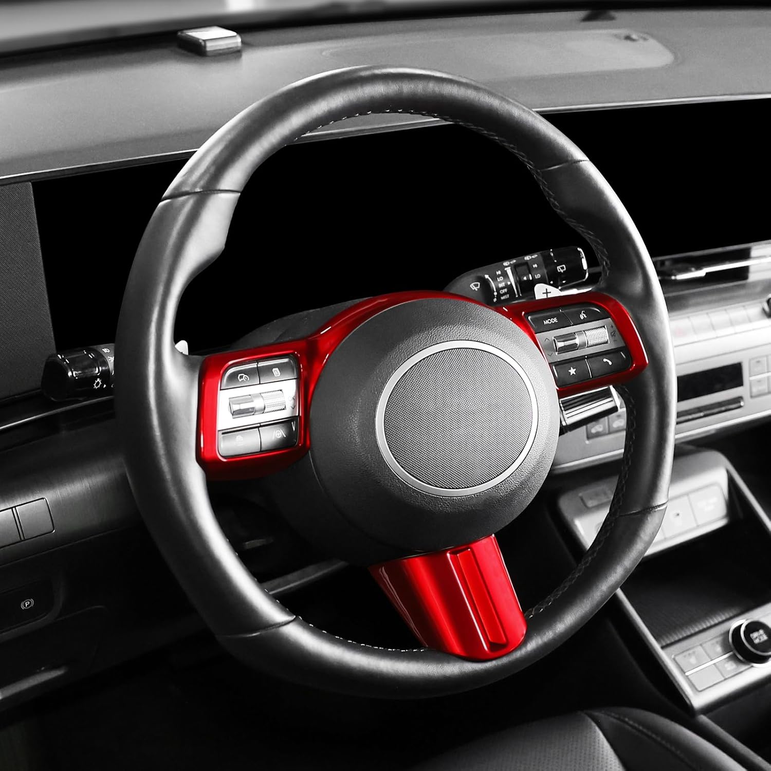 Car Steering Wheel Frame Cover Steering Wheel Button Panel Protection Frame Compatible with Hyundai Kona 2024 2025 Accessories[Not Fits for N Line] (Glossy Red Style)