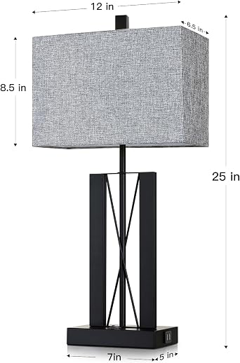 Lolikit 25 Table Lamps Set of 2, Modern Table Lamp for Living Room with 2 USB Charging Ports, Nightstand Geometric Industrial Bedside Lamp with Gray Shade for Bedrooms End Table Decor, Bulbs Included