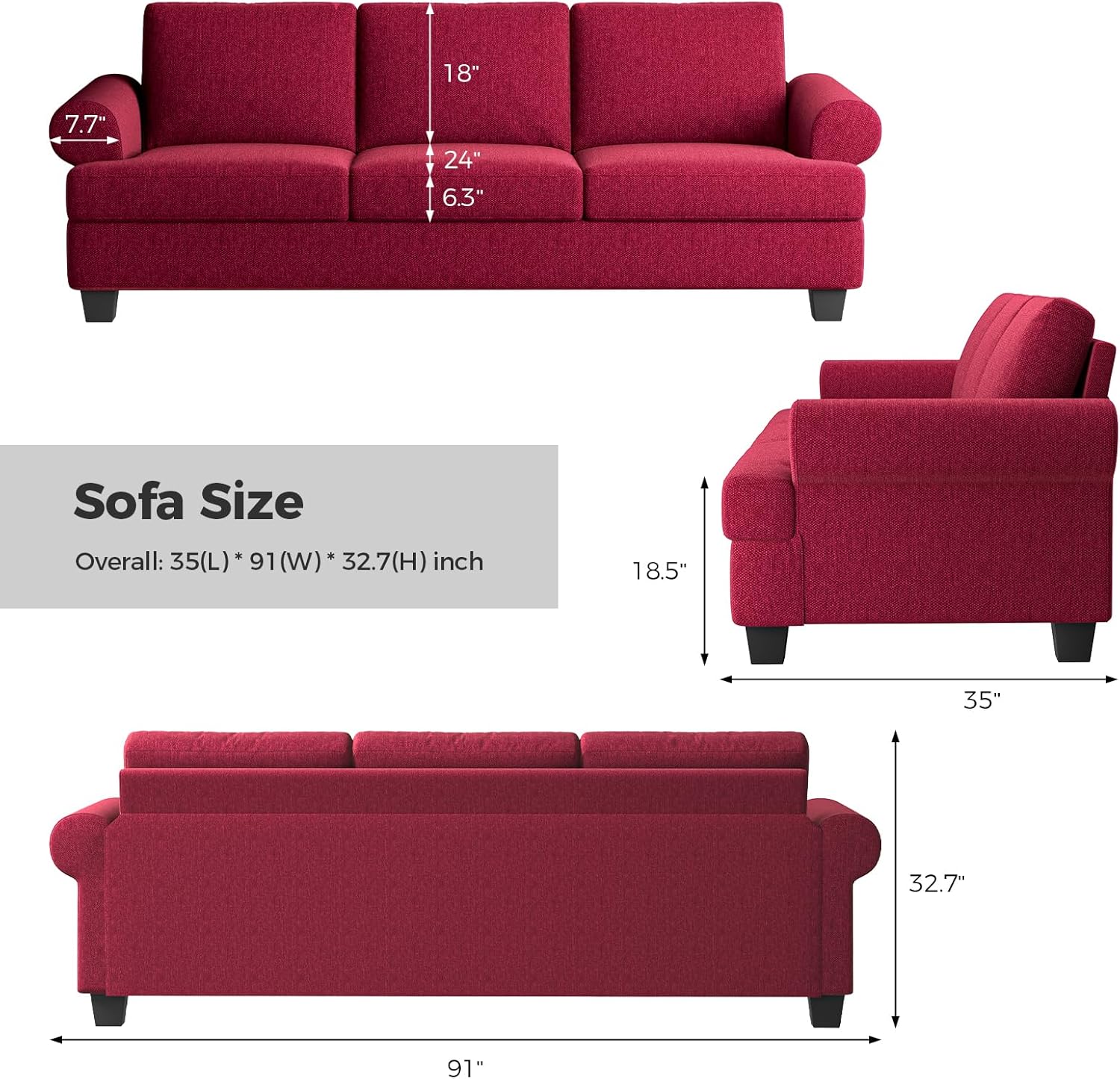 COPIAE 91" Red Lawson Sofa Mid-Century 3-Seat Couch Extra Deep Seats Living Room