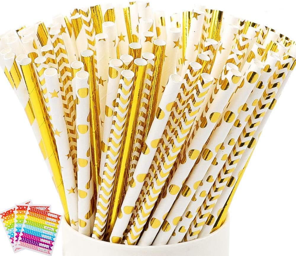 LoveS 150pcs Gold Paper Straws for Wedding, Party Supplies, Baby Shower, Biodegradable Gold Paper Drinking Straws with 6 Different Patterns, Heart, Star, Dot, Wave,Stripe, Gold(3 Stickers Bonus)