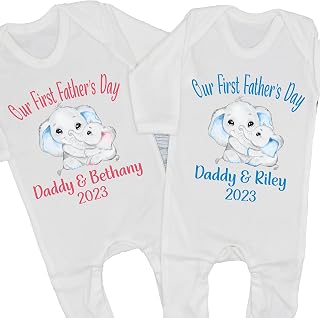 Personalised Elephant Our First 1st Fathers Day Baby Sleepsuit Grow 2023 Girls Boys Outfit Daddy Father's
