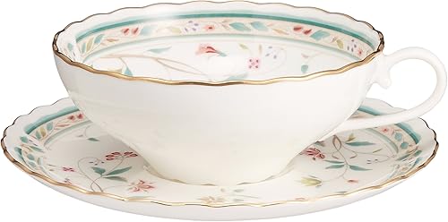 Miniatura 10 de Noritake P58043A4409 - Taza de té y platillo (juego de pares) 6.1 onzas líquidas (180 cc) con cincel de flores para 2 invitados, porcelana de hueso