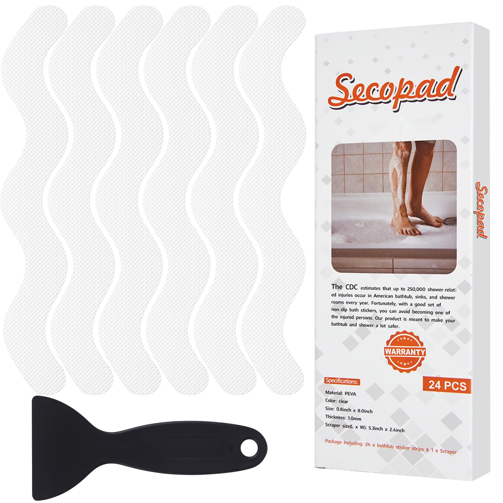 Anti Slip Shower Stickers, Adhesive Decals Safety Strips with Scraper for Bath Tub, Shower Floor, Stairs, 24 Pieces (White)