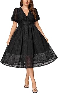 Womens Puffy Dress Tea Length Lace V Neck Short Sleeve Halloween Midi Dresses M-3XL