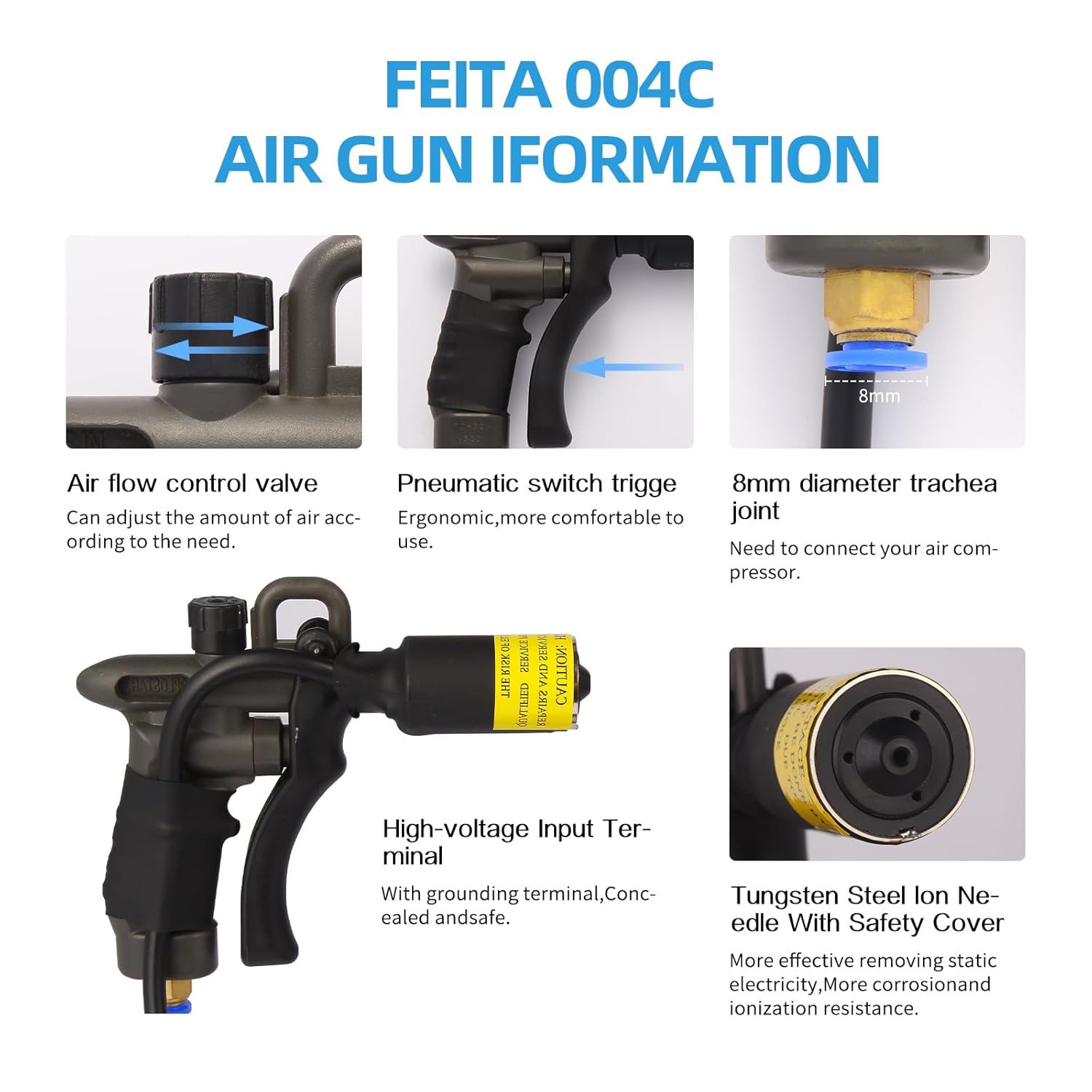FEITA Ionizing Air Gun Antistatic Air Gun Electrostatic Eliminator Anti Static Ionizer with 4.6KV High Voltage Generator (FT-004C / FT-007A)
