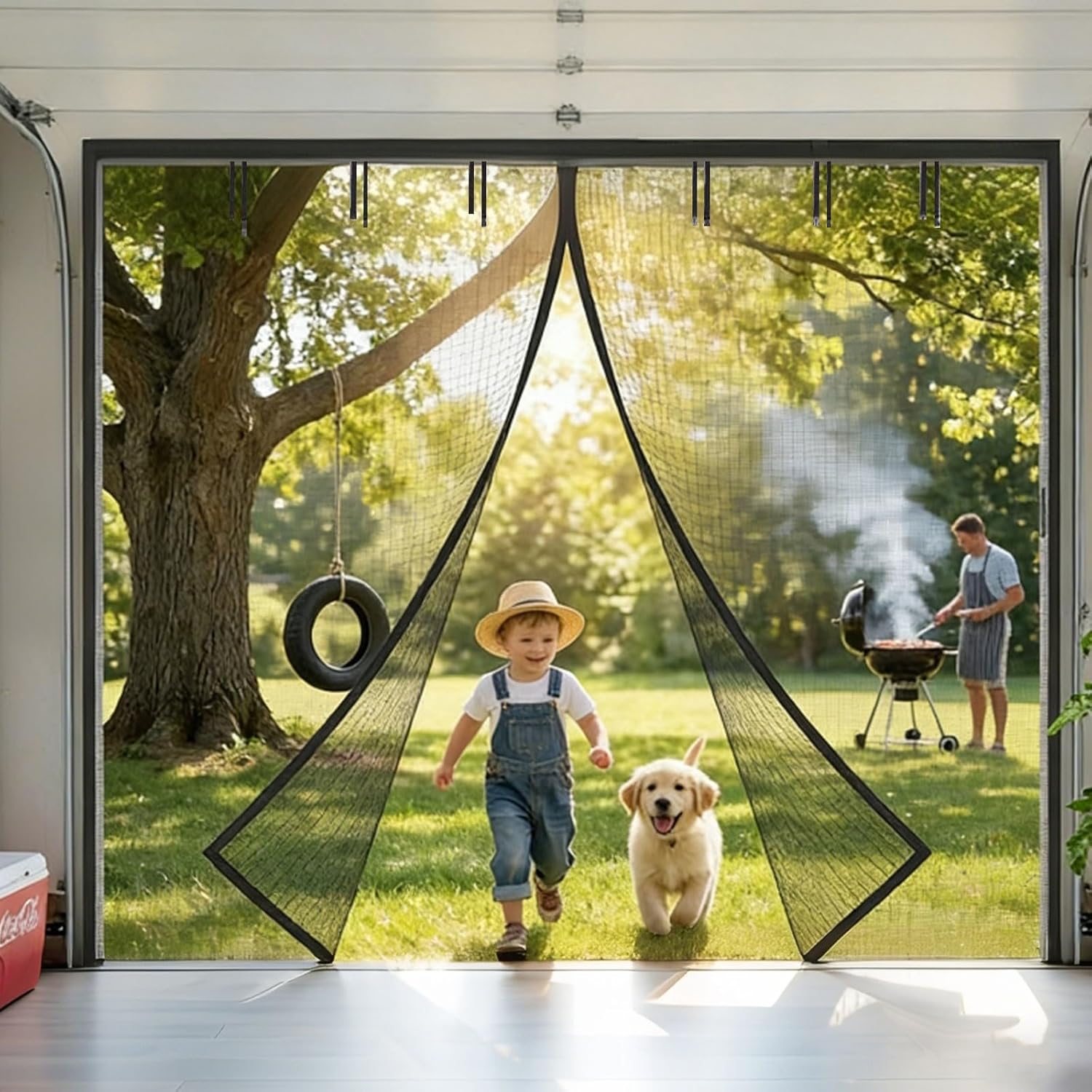 Magnetic Garage Door Screen for 2 Car Garage, 10x8/10x9/10x10FT Heavy Duty Fiberglass Mesh Curtain with Hands Free Magnetic Closure, Keep Bugs Out, Privacy Net for Outdoor Patio(Black,8x9.5ft)