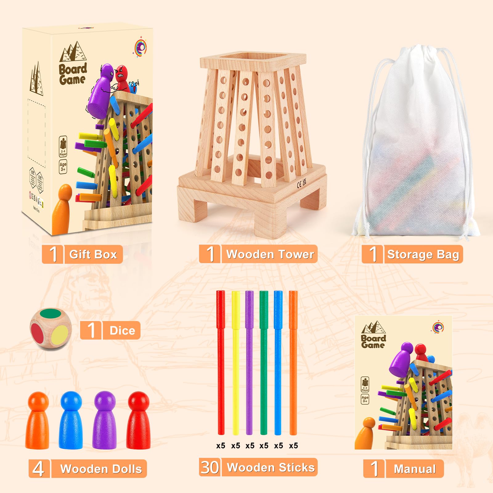 Jeux Montessori Jeu de Société en Bois pour Garçons Filles, Jeu de Tour en Bois avec Bâtons Colorés et Dés Jouets Éducatifs Famille Jeux Voyage Cadeau Enfant 3 4 5 6 7 8 9 Ans