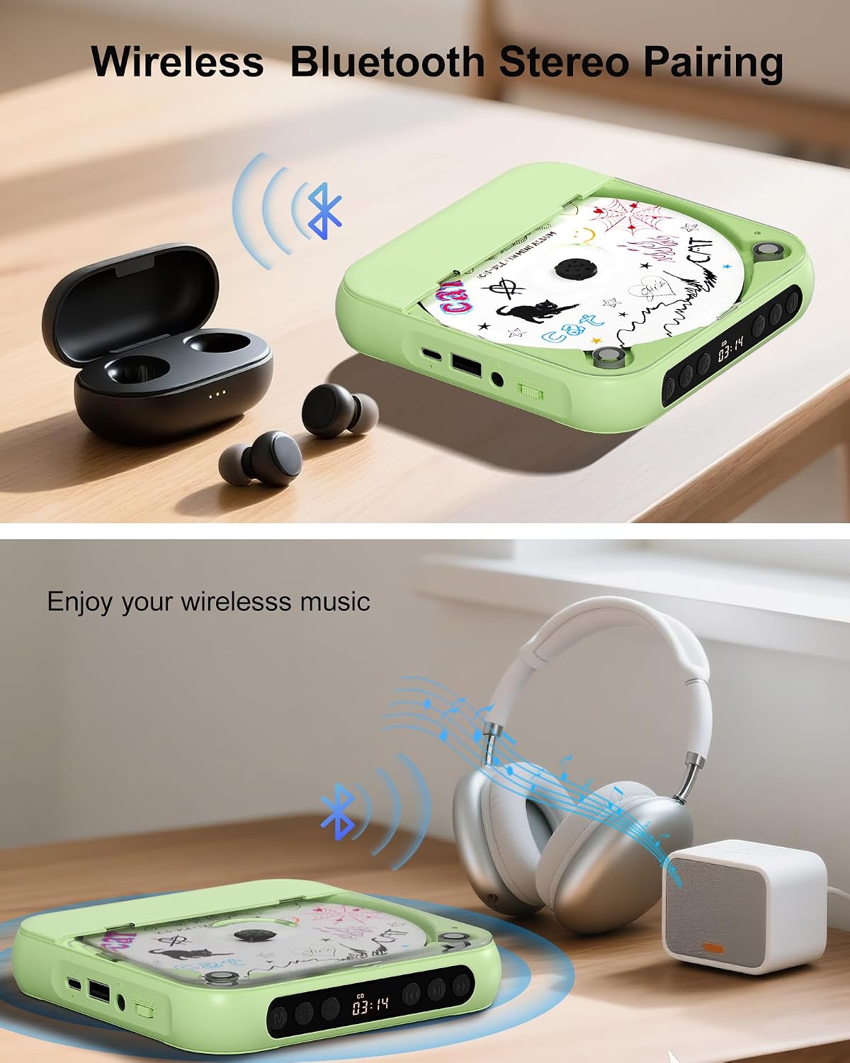 ENVYCLOUD CD Player wirelessly connected to Bluetooth earbuds and headphones