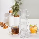 Noamus 6 Pack de tasses à café en verre Premium avec poignée, 12 Oz Classic Vertical Stripes tasses à thé en verre, tasses de boissons transparentes côtelées, ensemble de verre vintage clair pour Hot Cold Americano, Cappuccino