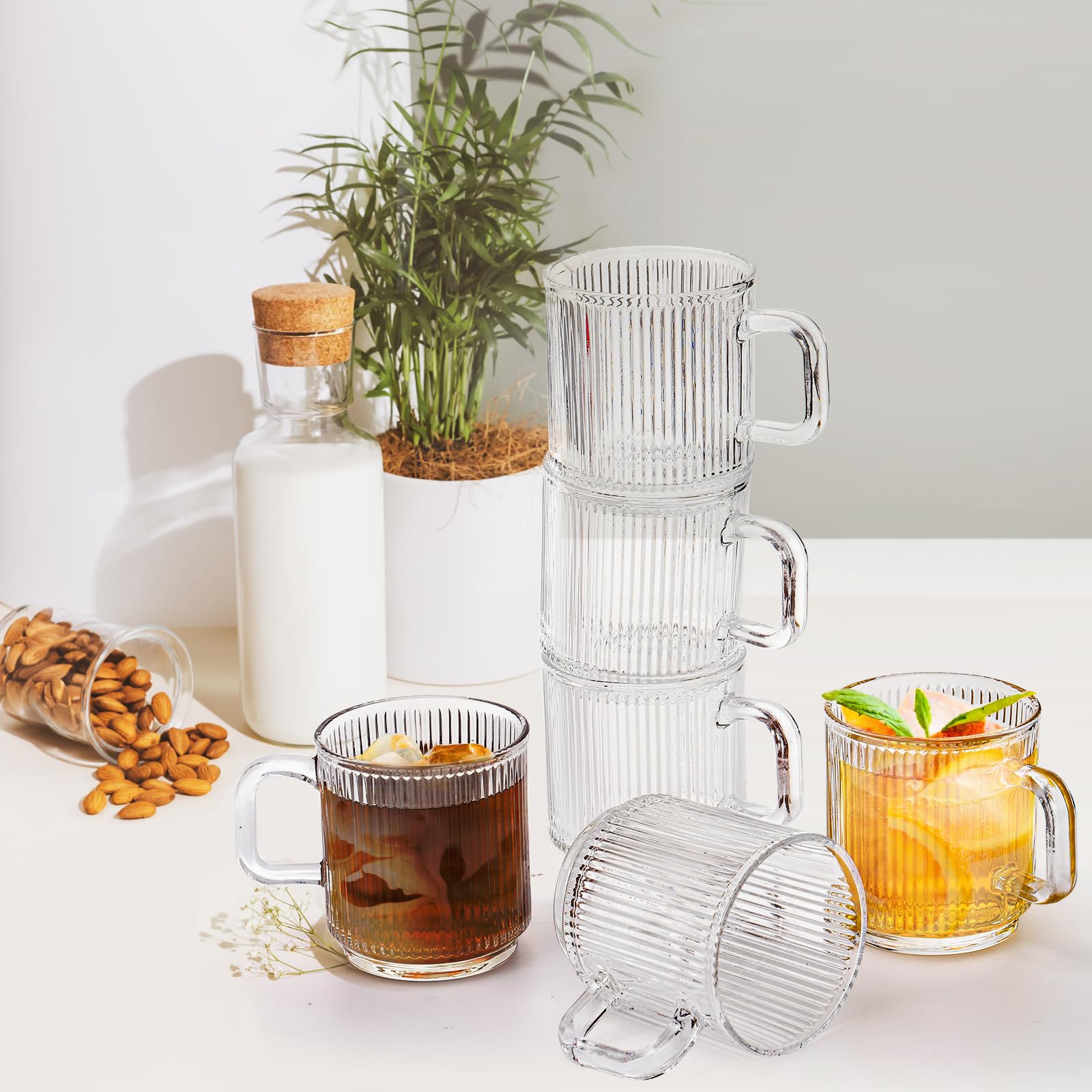 Amazon.com: Noamus 6 Pack Premium Glass Coffee Mugs with Handle, 12 Oz  Classic Vertical Stripes Glass Tea Cups, Transparent Ribbed Beverage Mugs,  Clear Vintage Glassware Set for Hot Cold Americano, Cappuccino :