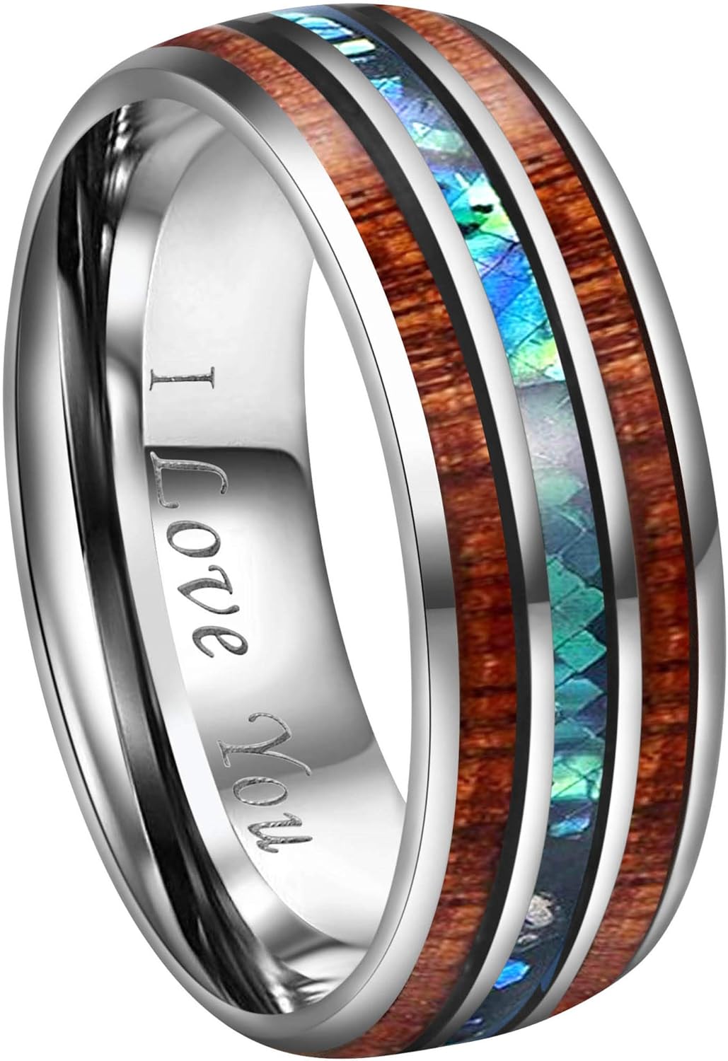 CROWNAL 4mm 8mm Rare Koa Wood/Abalone Shell/Genuine Crushed Fire Opal Inlay Tungsten Carbide Ring Men Women Wedding Band High Polished Engraved I Love You Size 7 To 17