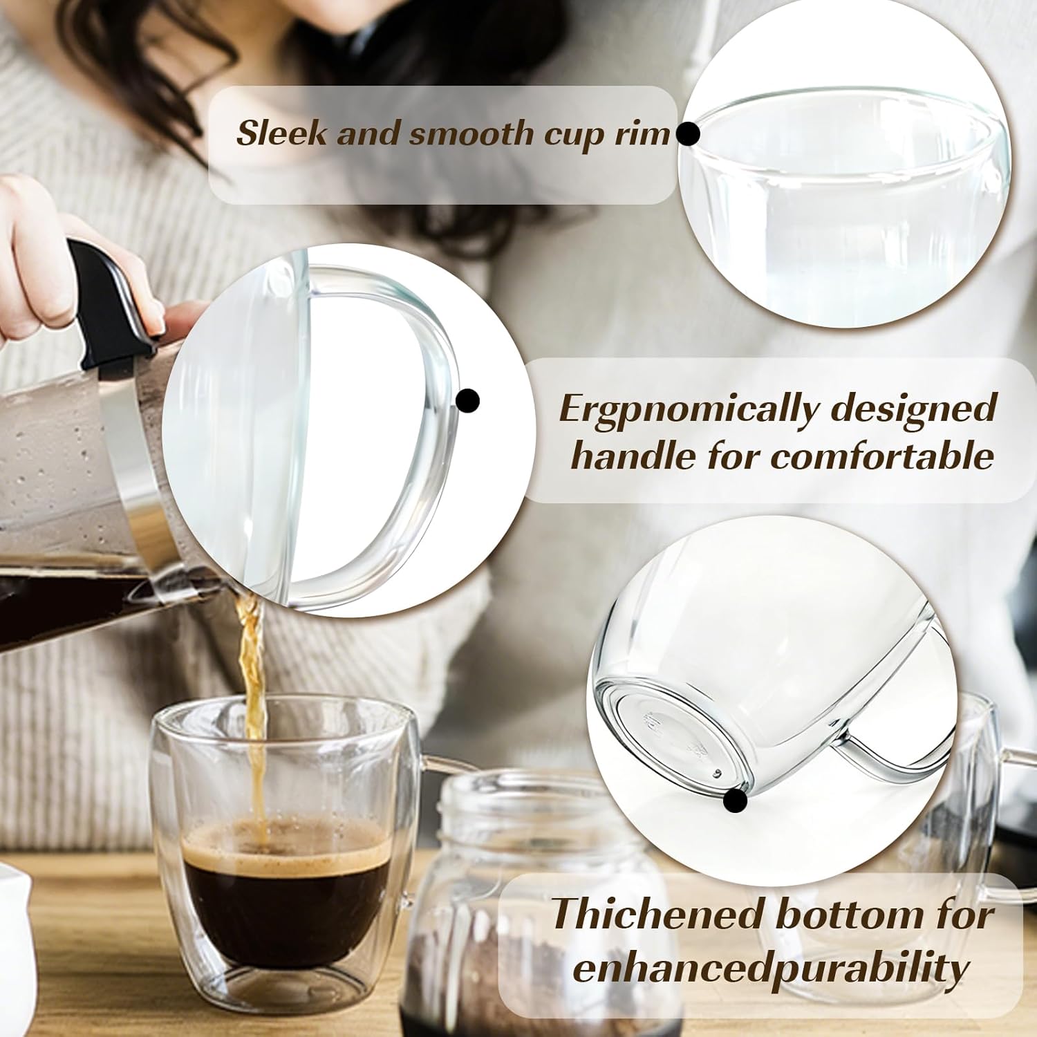 Etolies 6 Pack Double Walled Glass Coffee Mugs with Handle,12oz Borosilicate Glass coffee Cups - Insulated Clear Mugs for Espresso, Cappuccino, Latte, Tea Beverages, Drinking Glasses