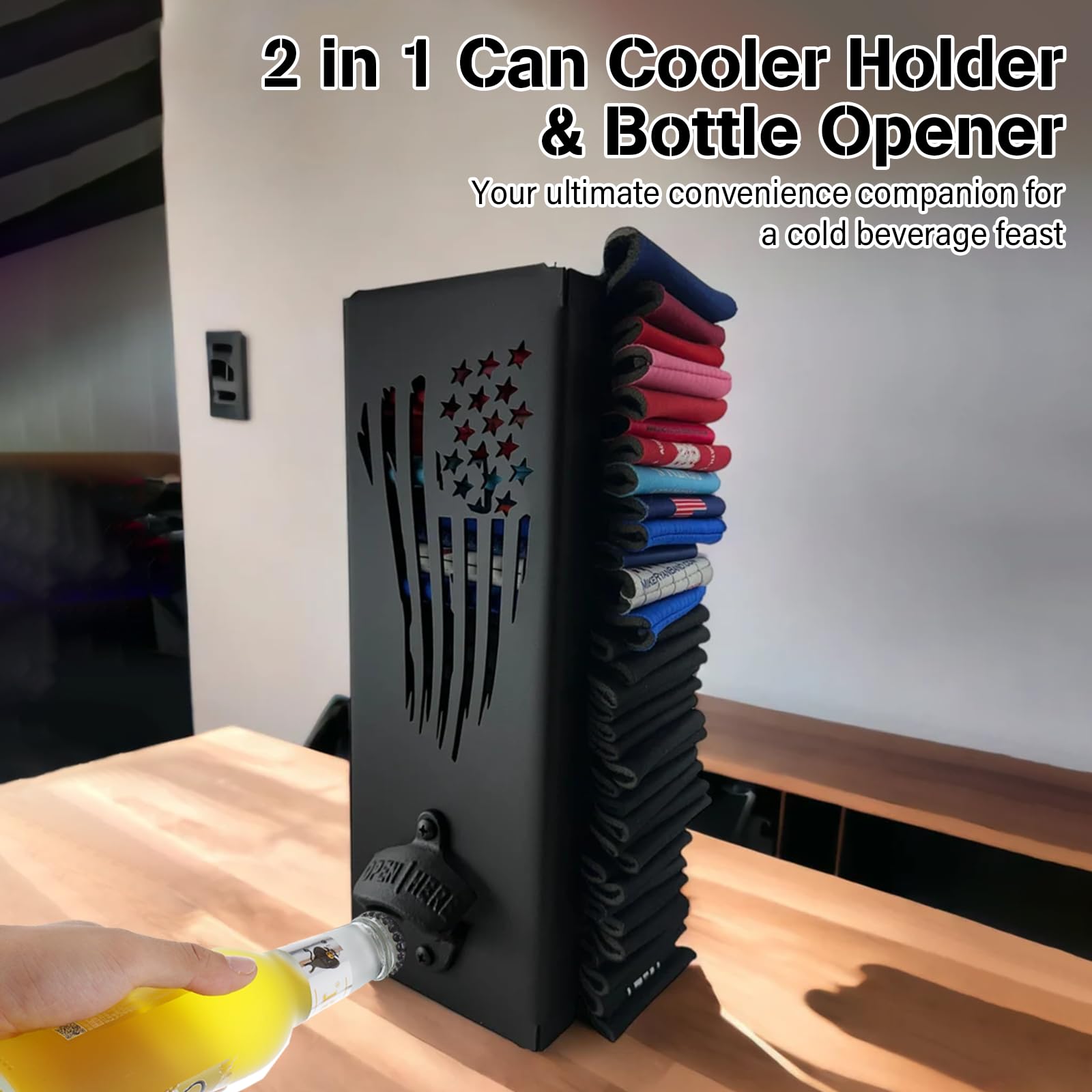 Can Cooler Holder with Bottle Opener, 2 in 1 Wall Mounted Can Cooler Holder, Ergonomic Can Cooler Dispenser, Hang on Refrigerator Side