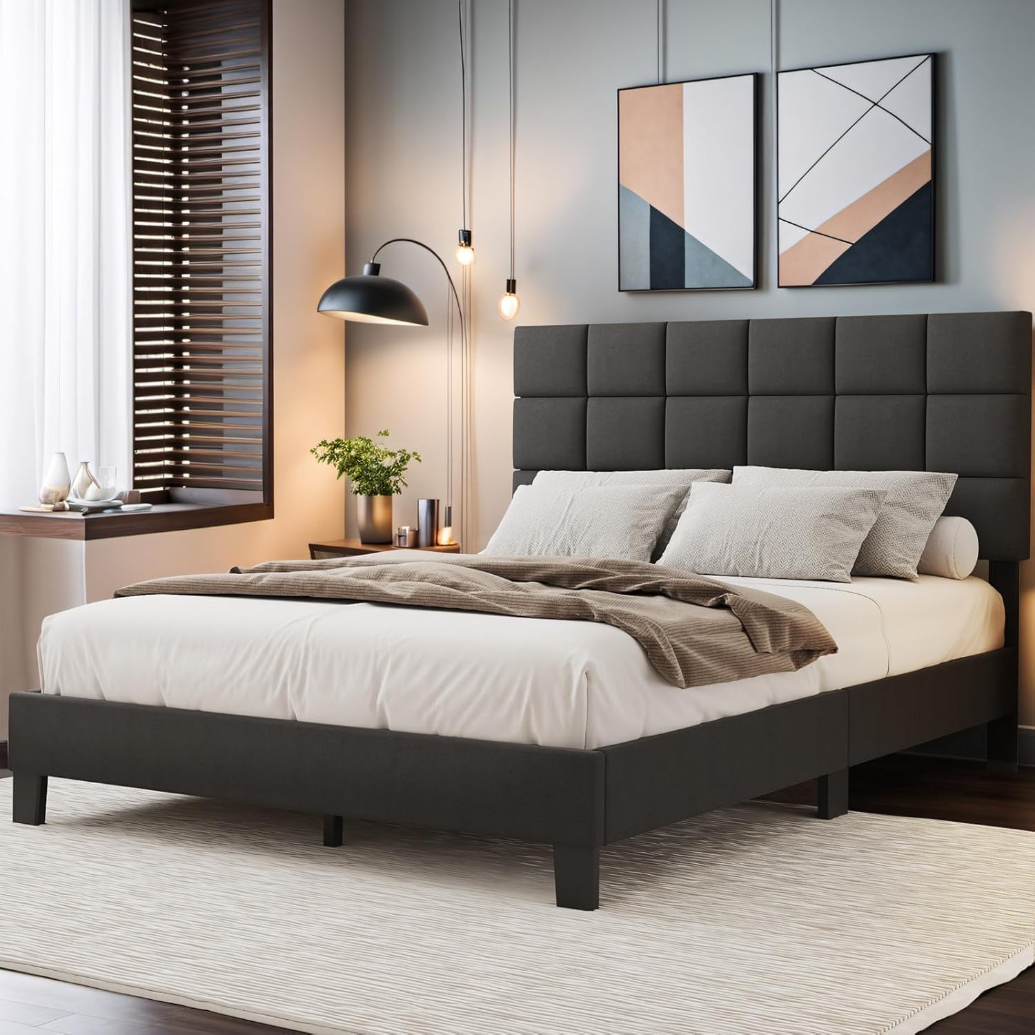 HITHOS Solid Wood King Size Bed Without Storage Solid Wooden Cot Modern Upholstered Headboard Double Bed Furniture for Bedroom Living Room Home (Dark Grey)-image-38