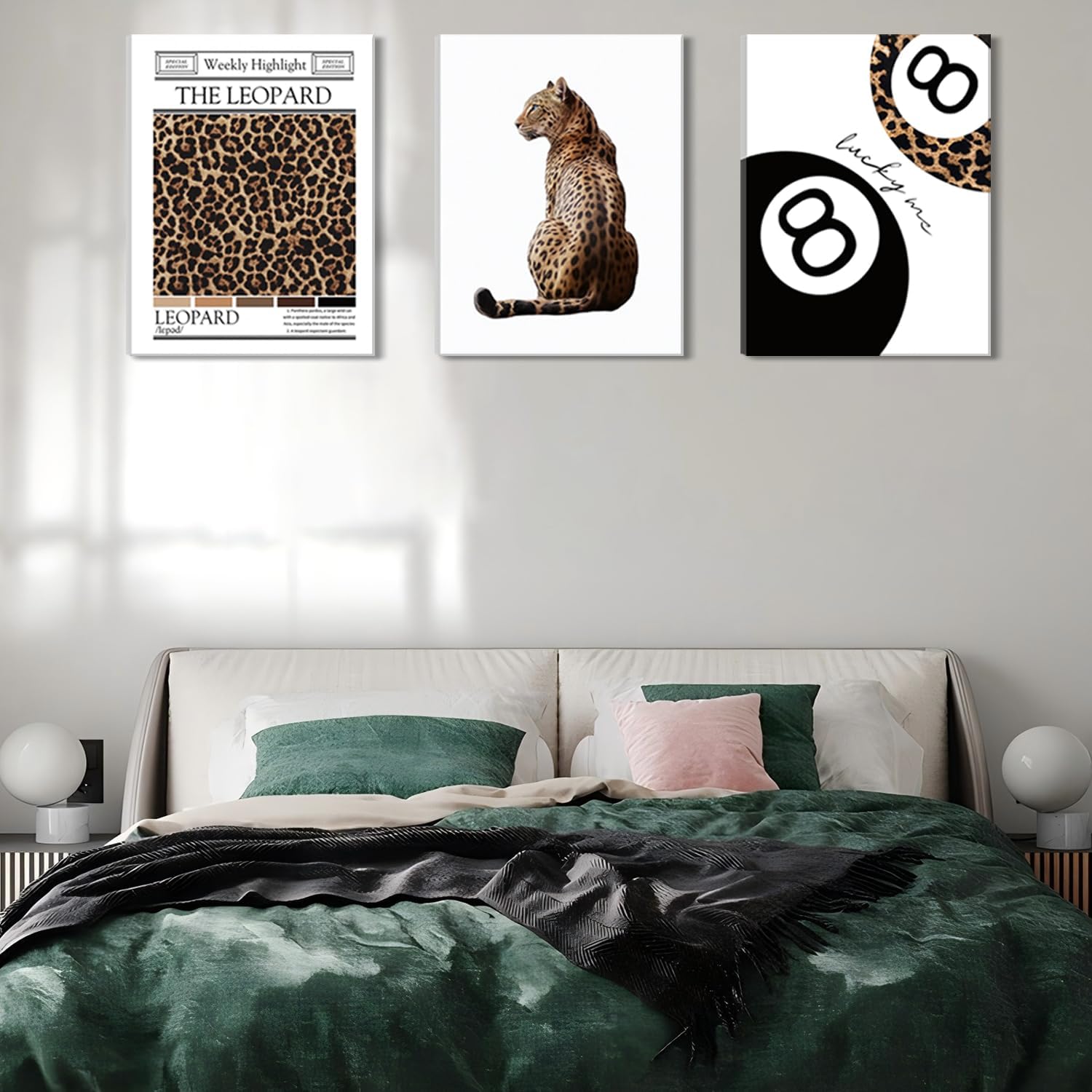 Black And White Framed Wall Art Set of 3-Trendy Leopard Canvas Art Prints Funky Lucky 8 Ball Posters Prints Preppy Room Aesthetic Cheetah Wall Decor Pictures For Bedroom Bathroom Living Room 12×16in