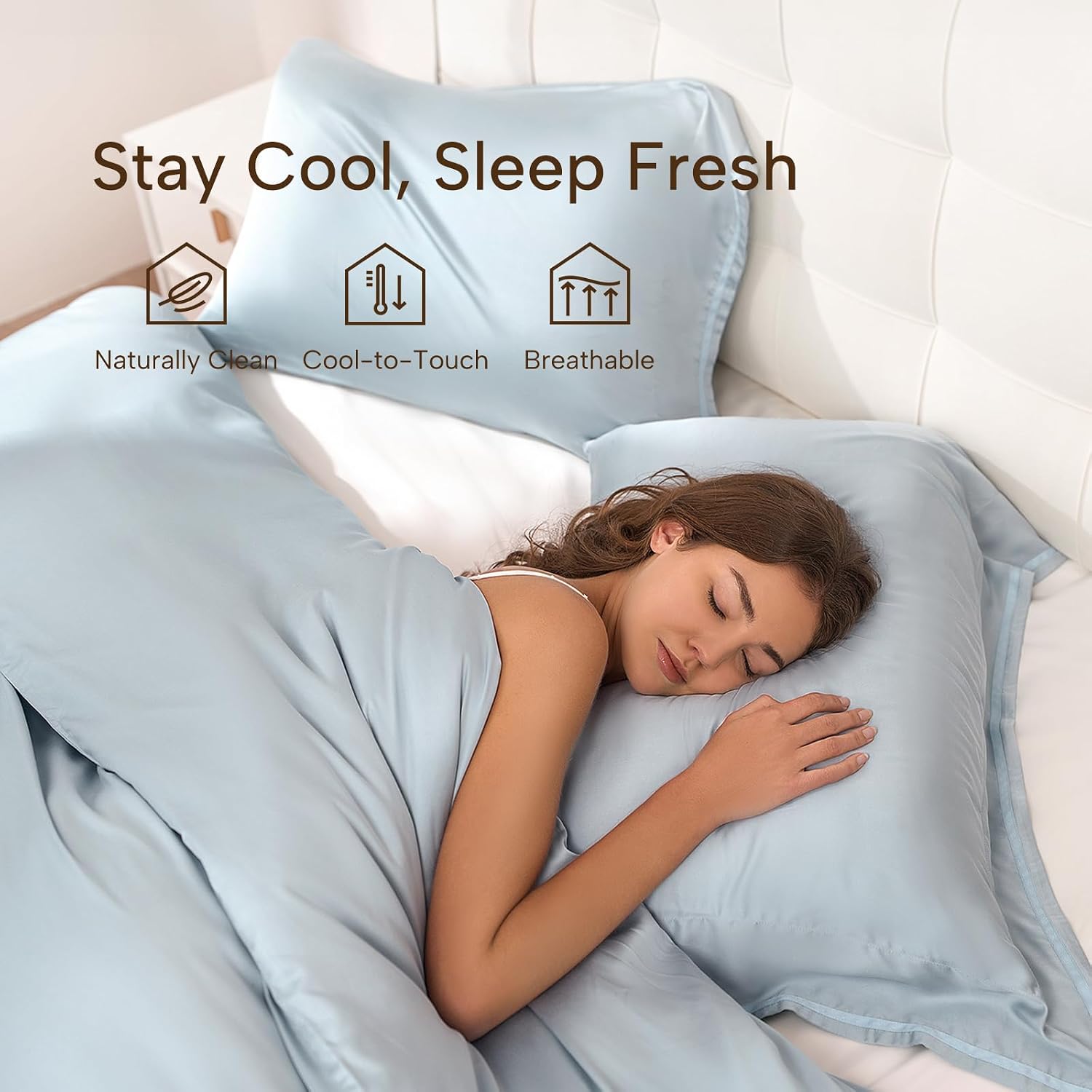JSELF 100% Viscose Derived from Bamboo Duvet Cover Set - Hotel Luxury Cooling Bed Sheets for Hot Sleepers & Night Sweats with Two Pillow Shams, Soft & Breathable, No Insert, Oeko-TEX (Queen)