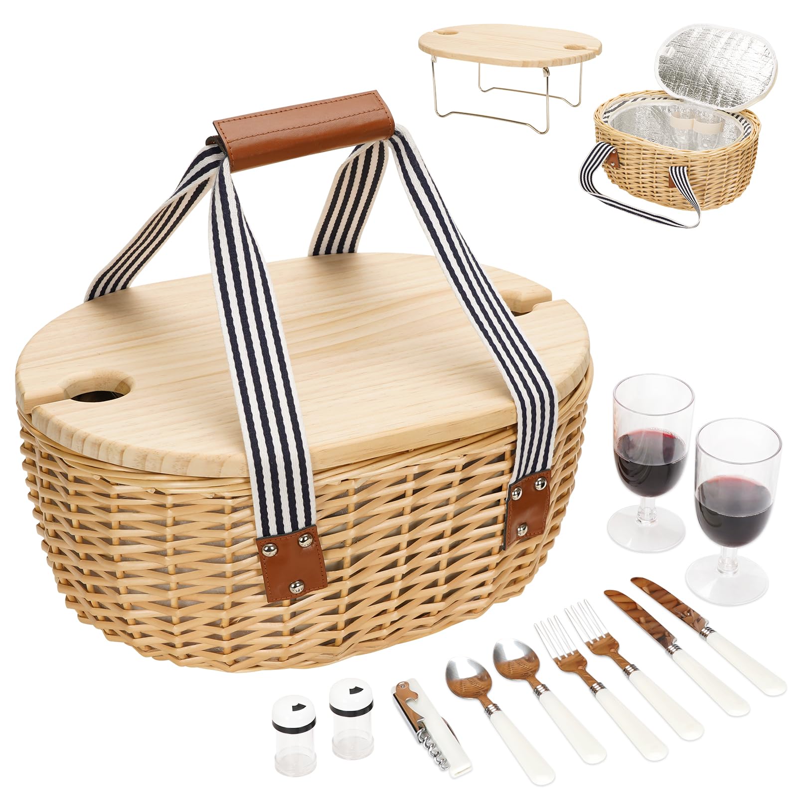 STBoo Picnic Basket for 2, Wicker Basket Set with Table and Cutlery(Stripe)