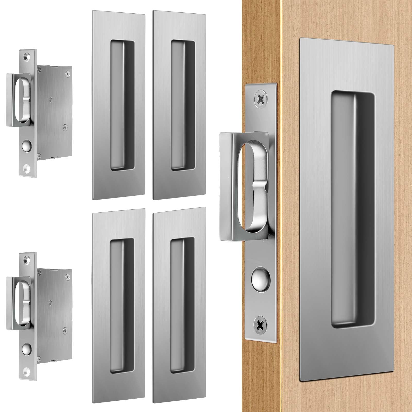 6 INCH Sliding Pocket Door Handles, 304 Stainless Steel Non Locking Pocket Door Hardware, Recessed Flush Finger Pulls, Heavy Duty Edge Pull with Pop Out Ring Pull (2, Silver)