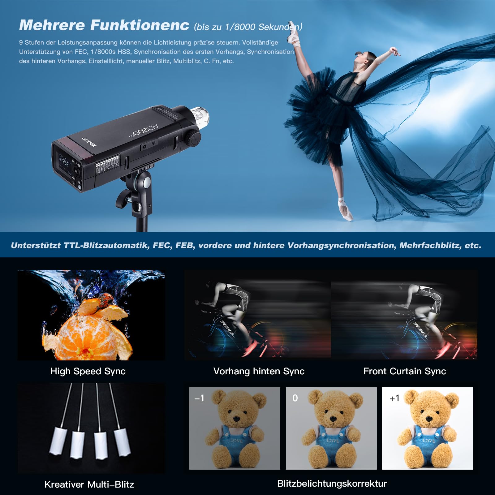 GODOX AD200Pro II Flash de cámara AD200 Pro II 500 Flash de Potencia Completa 2.4G TTL 200W Flashes de Bolsillo HSS 1/8000s LED luz de Modelado con BD-07II Barn Door Honeycomb、AD-E2 Soporte