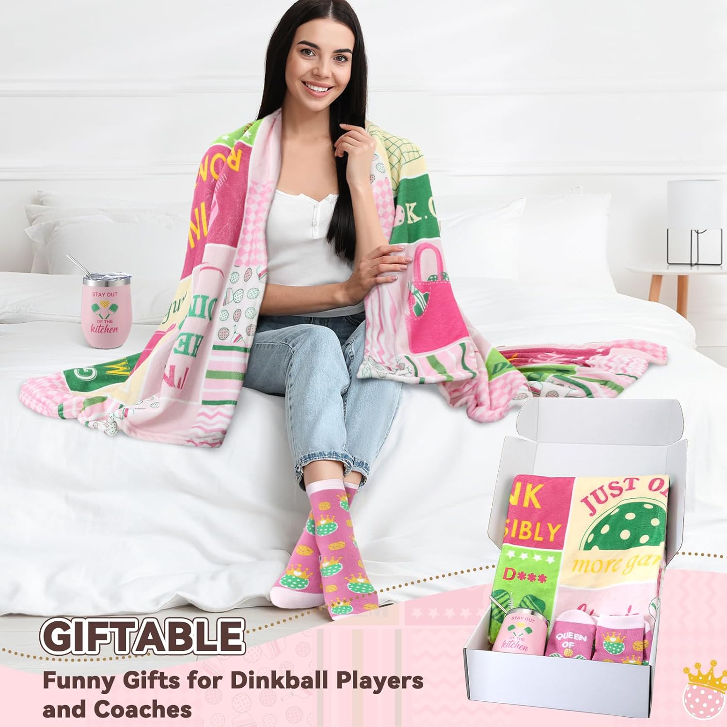 Patelai 5 Pcs Dink Ball Gifts for Women Funny Dinkball Blanket 12 oz Stainless Insulated Tumbler Novelty Socks Dinkball Lover Gift for Player Coach Christmas Birthday Mother Day Women Style Pink, Green