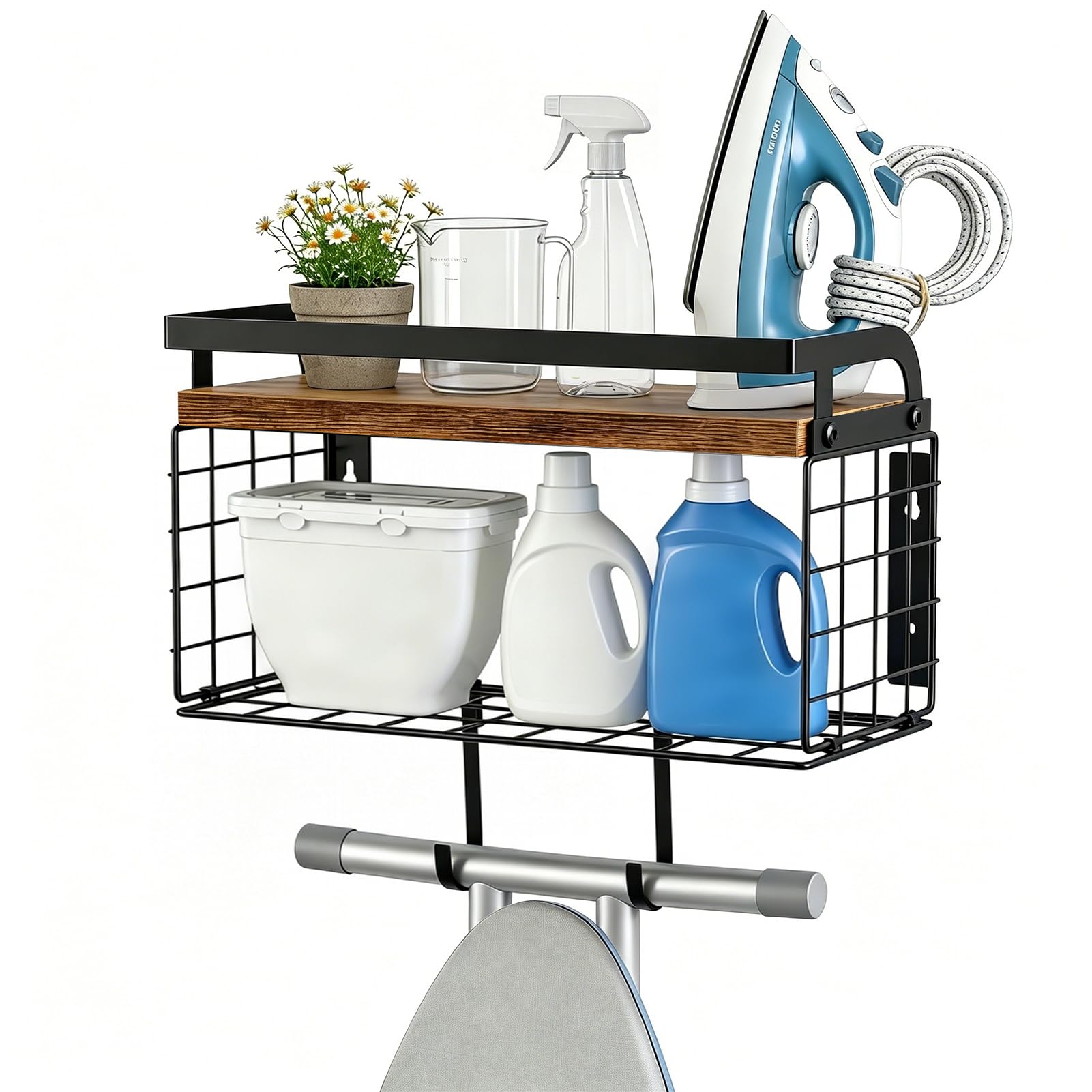 Supporto da parete per asse da stiro a 2 livelli, supporto per asse da | Con cesto portaoggetti, supporto da parete in legno e ferro, per lavanderia, soggiorno, accessori decorativi, fori preforati