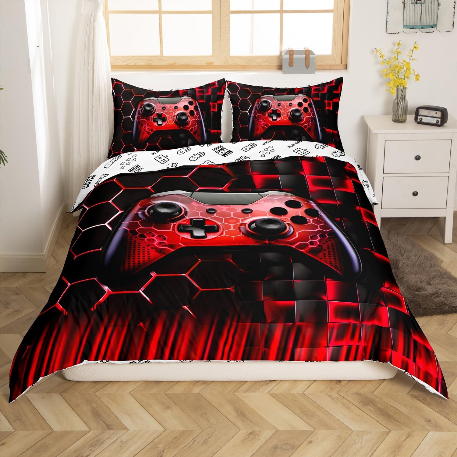 Geometric Gamepad Kids Duvet Cover Set Queen Size,Honeycomb Squares Grids Ombre Gamers Bedding Set,Boys Men Room Decor,Gaming Videogame Controller Comforter Cover,Red Quilt Cover,2 Pillowcases image 2