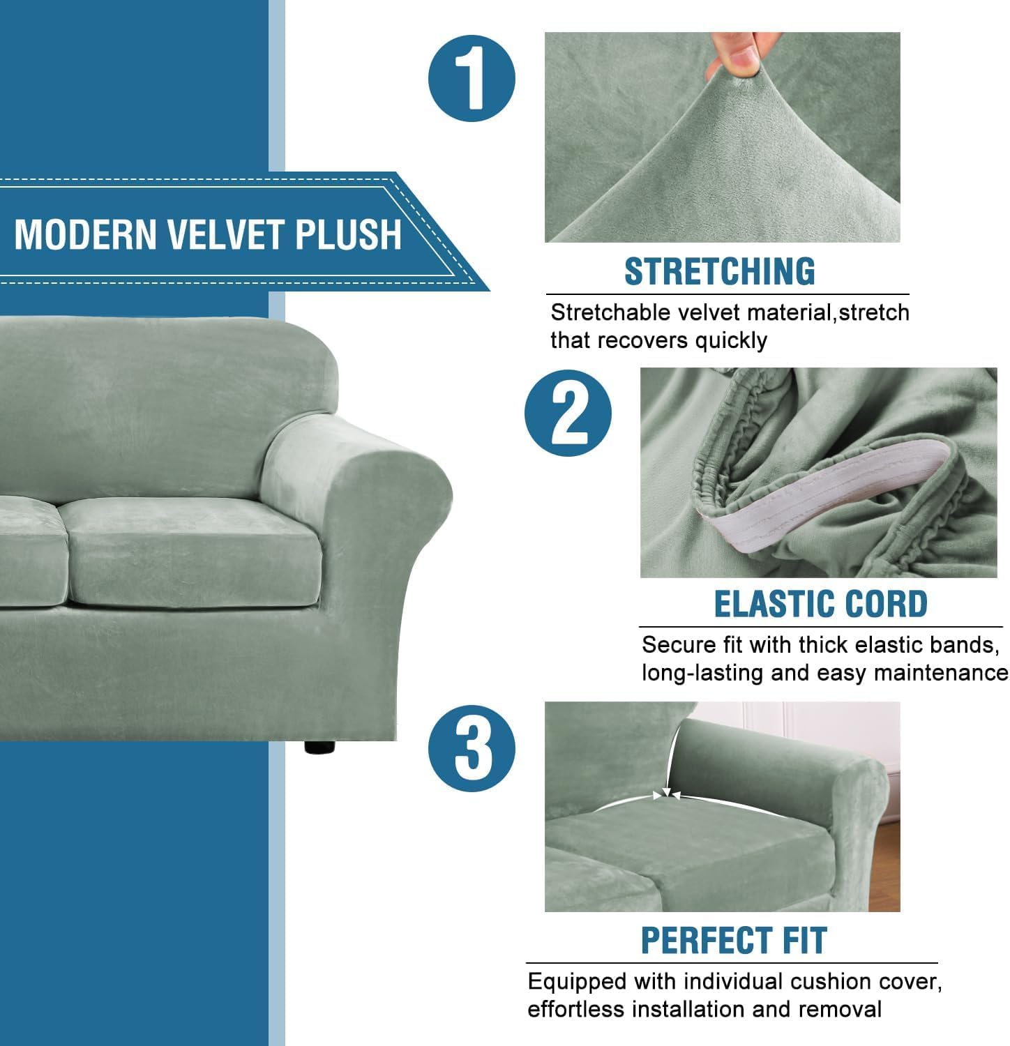 H.VERSAILTEX High Stretch Sofa Slipcover 4 Piece Cover Velvet Furniture Protector Form Fit Thick Velvet Extra Large Sofa Cover for 3 Cushion Couch Width Up to 97 Inch (Large Sofa, Sea Grass)