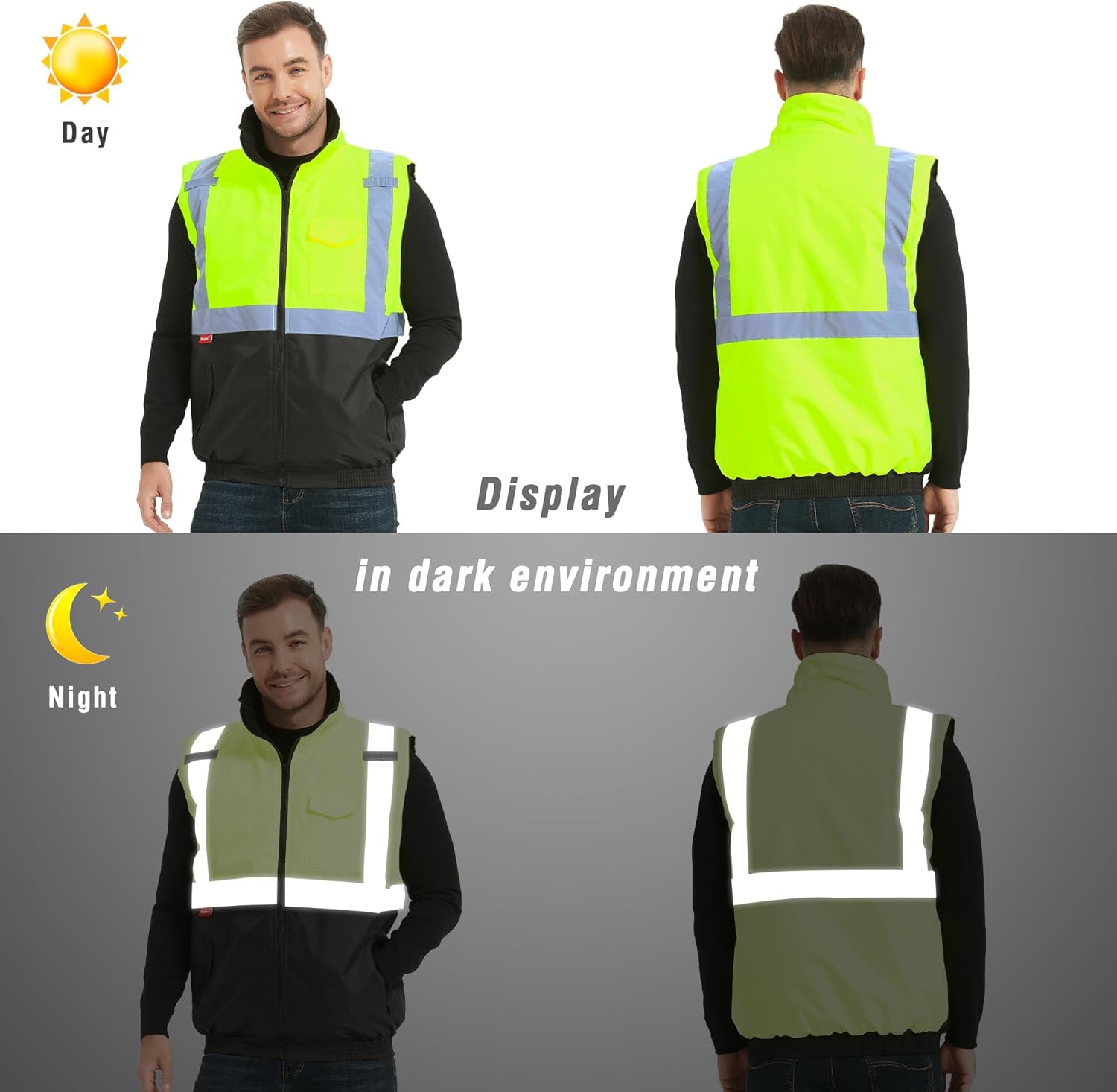 ProtectX Winter Safety Vest High Visbility Insulated Construction Vest Class 2 Hi Vis Workwear with Pockets, Green, Large - Image 5