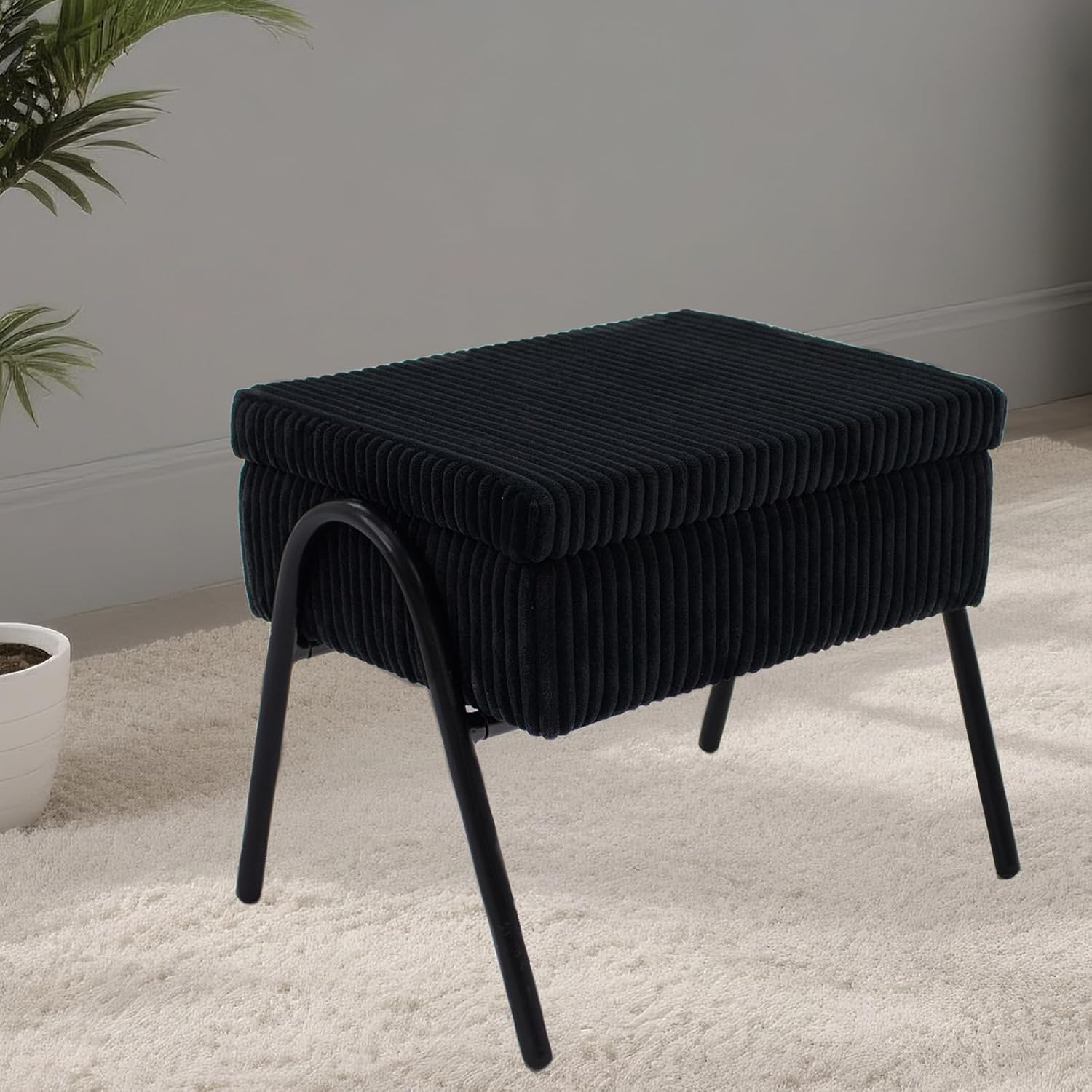 Small Foot Stool with Metal V-Leg, Footrest Stool, 14.6" Sherpa Ottoman with Storage, Step Stool for Living Room, Bedroom, Entryway and Office (Black)