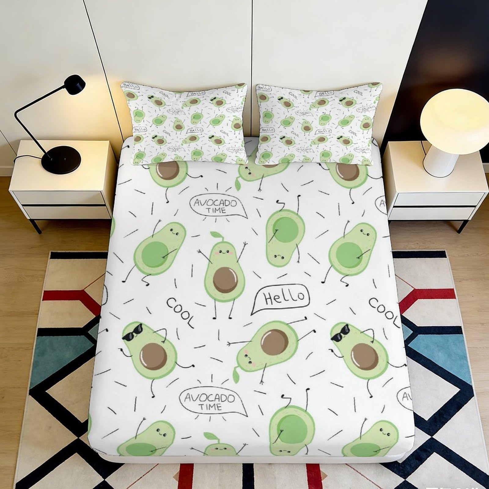 3D Printed Avocado Pattern Fitted Sheet Microfiber Soft Breathable Cute Fruit Bed Cover for Bedroom Dormitory Guest Room Mattress Protection 160x200x25cm
