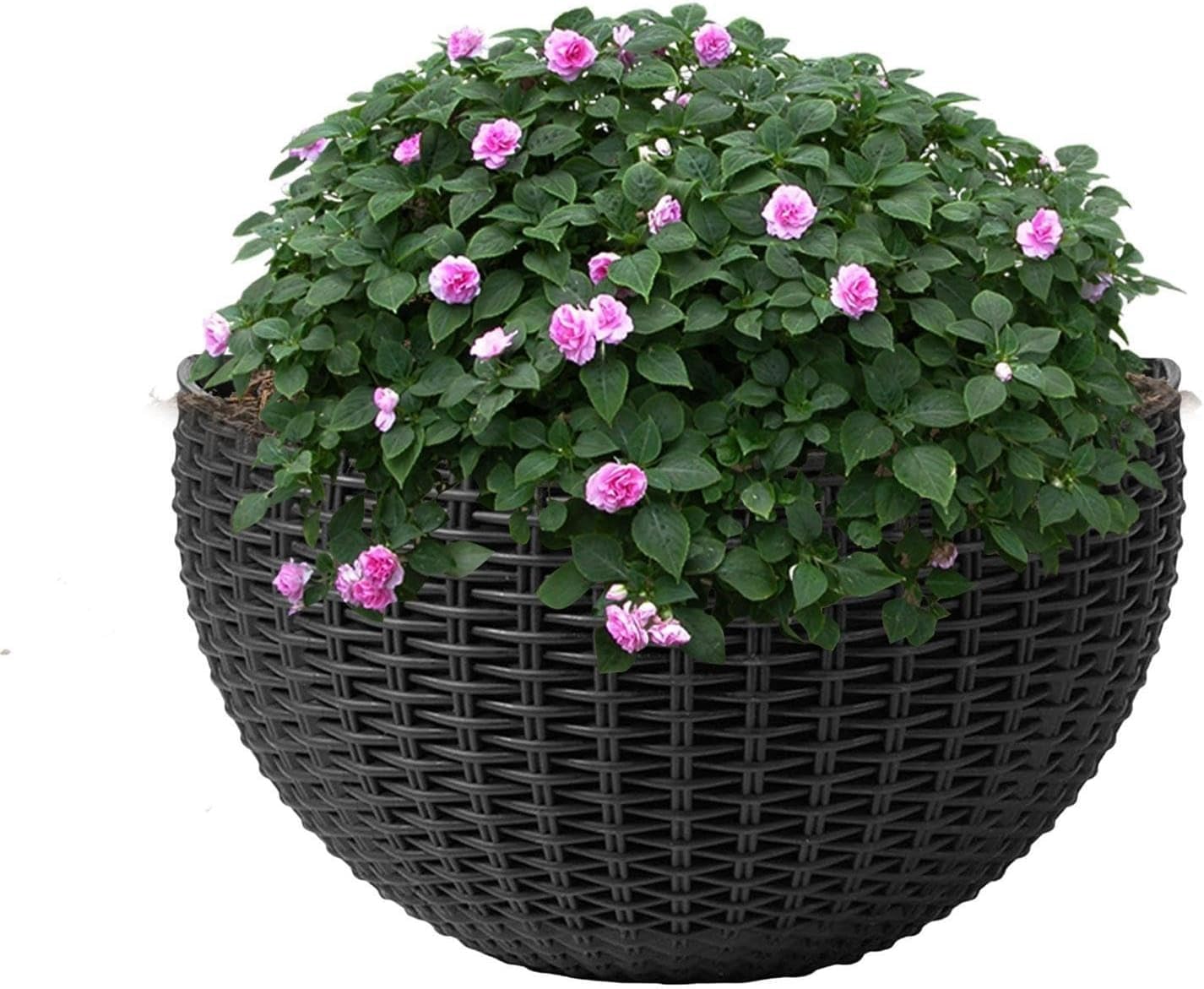 JORCEDI Waterproof Imitation Rattan Wall Hanging Flower Pot, Semicircle Wall Planter, Indoor Outdoor Plant Pot for Balcony Fence Home Decor, Easy to Install & Rust-Resistant
