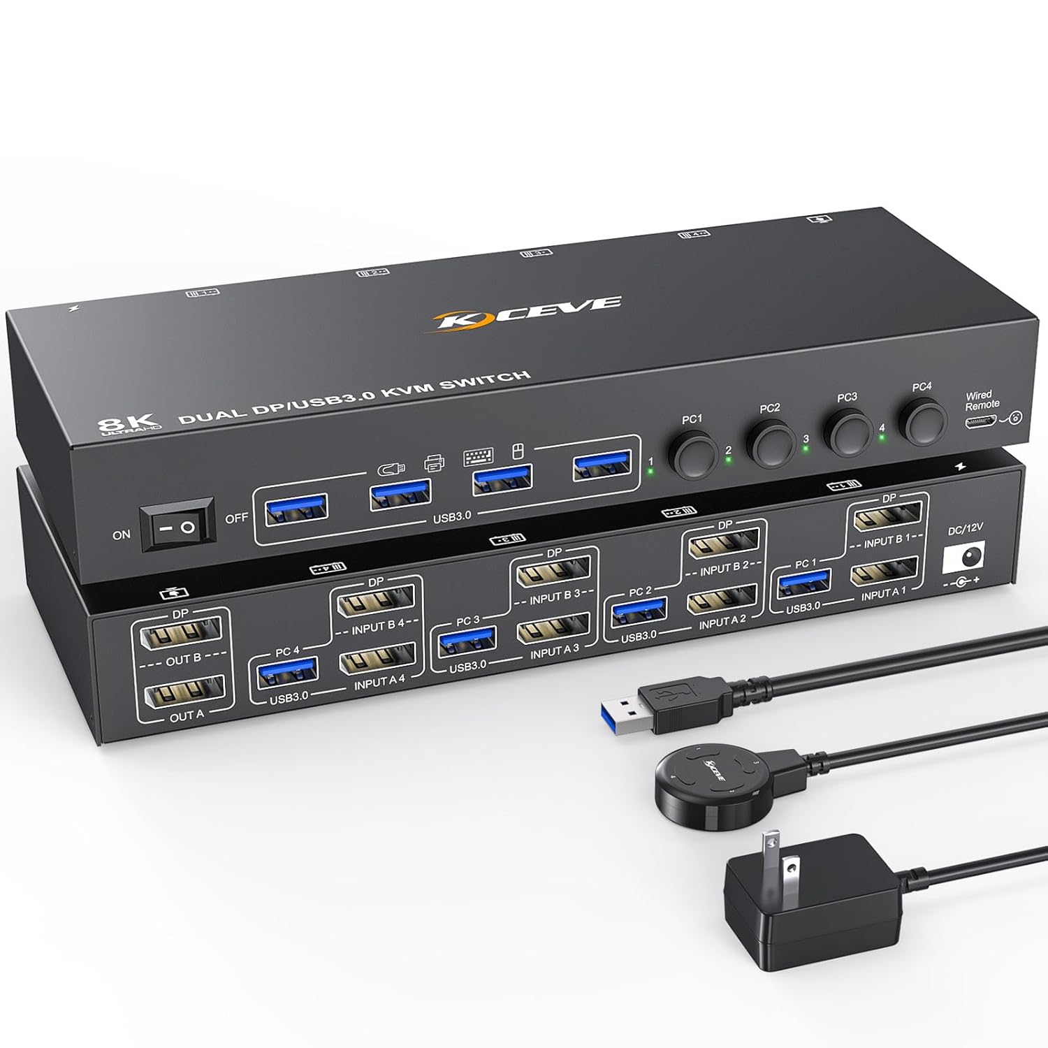 KVM Switch 4 Computer 2 Monitors, KCEVE Dual Monitors Displayport USB 3.0 KVM Switcher, Supports 4K@60Hz for 4 DP Computers Share 2 DP Monitors, Keyboard and Mouse