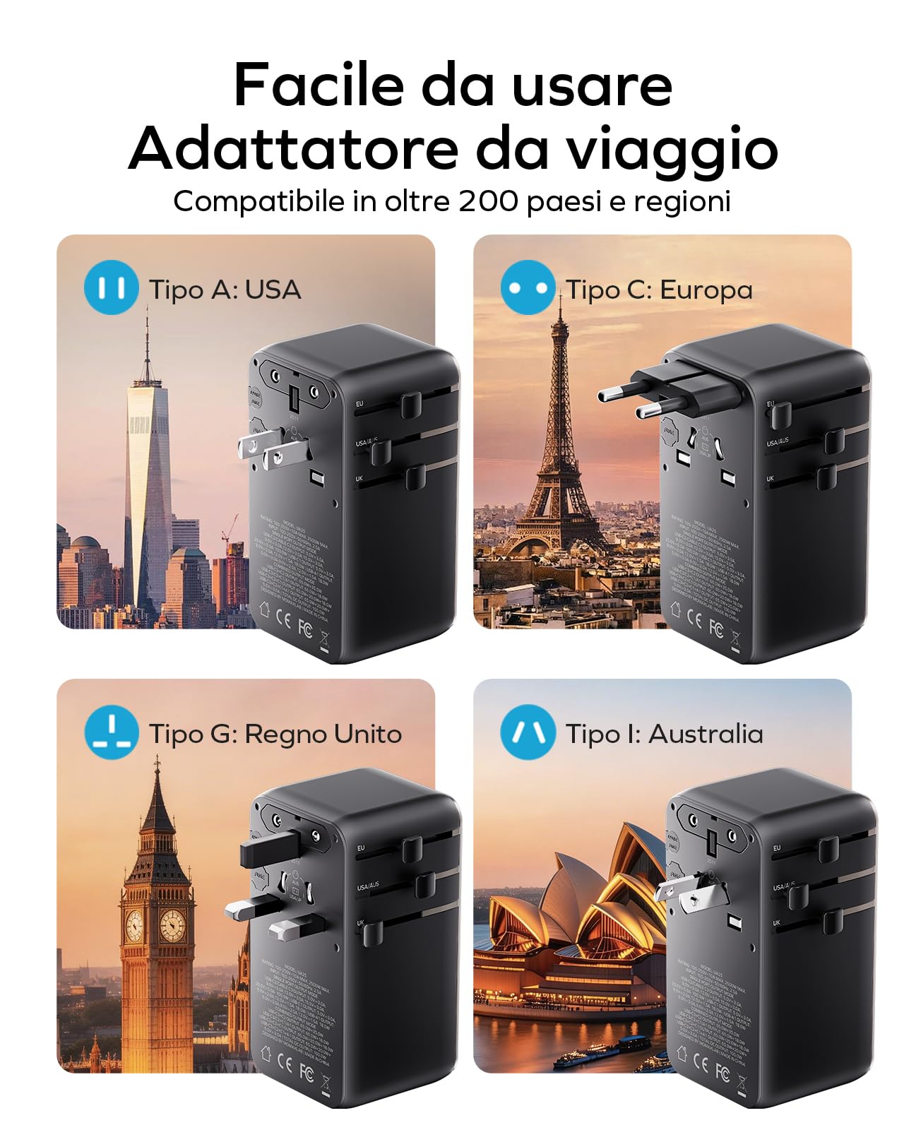 MOMAX Adattatore da viaggio universale da 100 W con cavo estensibile, spina da viaggio universale con 2 prese CA, 3 porte USB C e 1 porte USB A, adattatore da viaggio internazionale - Nero