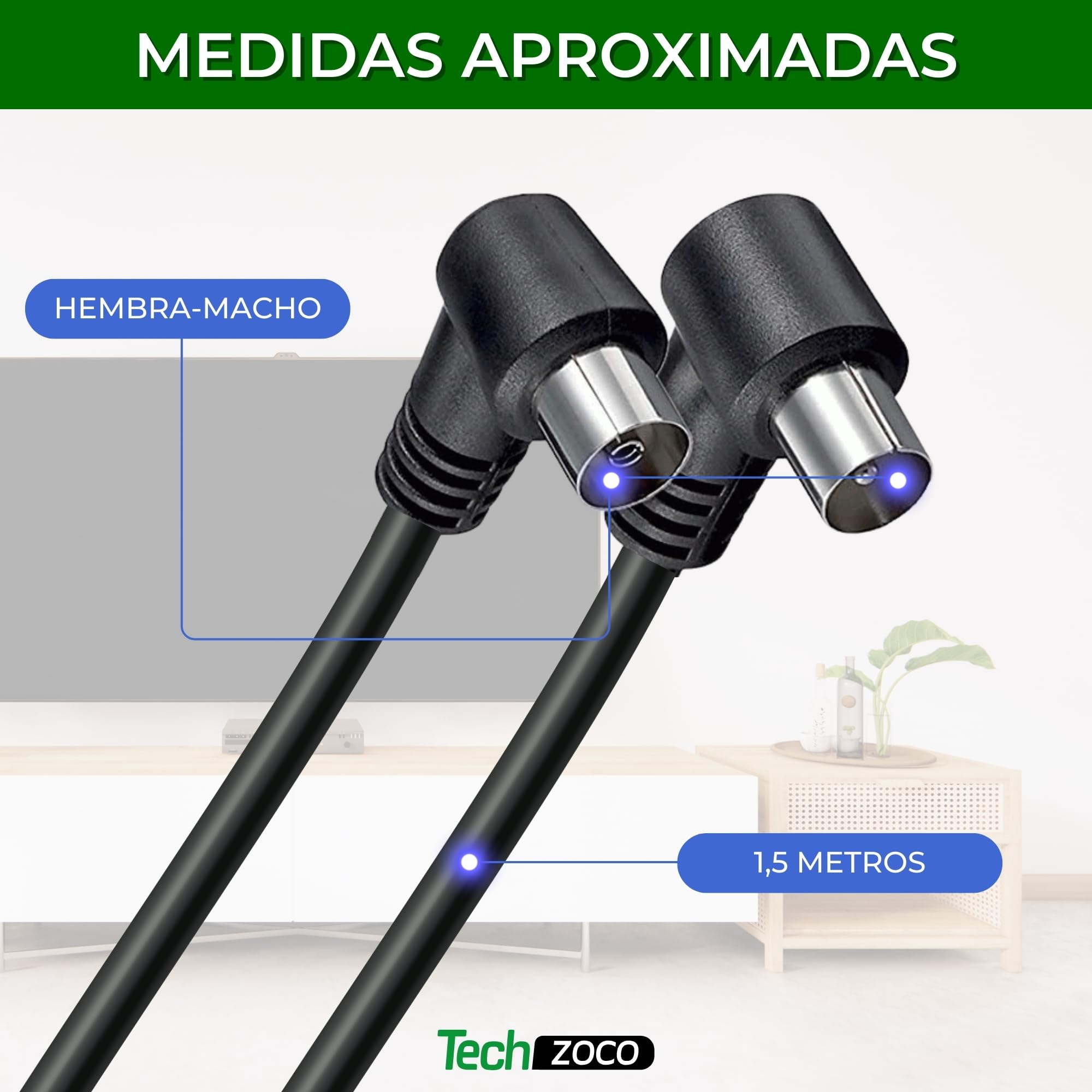 Cable antena TV macho hembra, cable coaxial antena TV, Cable antena TV 90º acodado, Cable televisión, decodificador, 70dB, HDTV, DVB-T2, DVB-C, DVB-S, TV y Radio, 75 Ohm, Negro, 1.5 metros - imagen 3