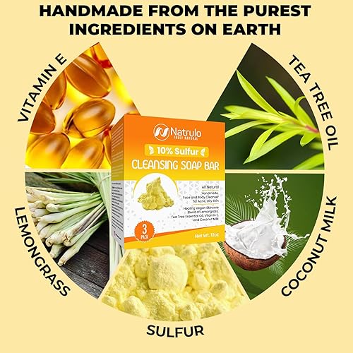 Miniatura 4 de Barra limpiadora de jabón de azufre al 10% para cara y cuerpo, limpiador facial de azufre natural para acné, piel grasa, mezcla de citronela, aceite