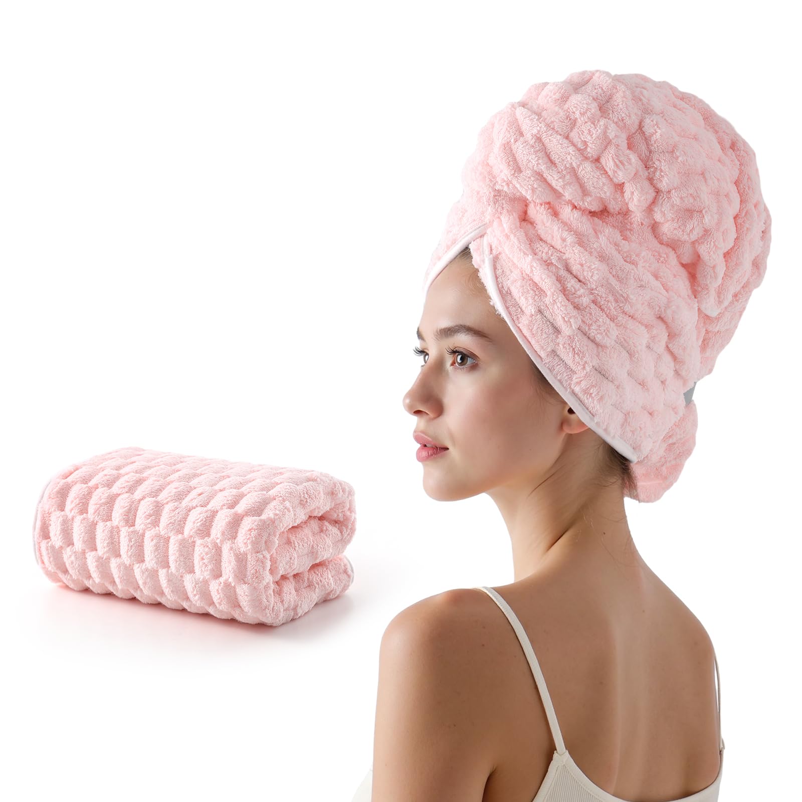 REDKISS Pink Microfiber Hair Towels - Extra Large Hair Towel Wrap for Women, 24x42 inch Hair Towels with Elastic Strap, Super Soft Hair Drying Towels for Long, Thick, Curly Anti Frizz Turbans