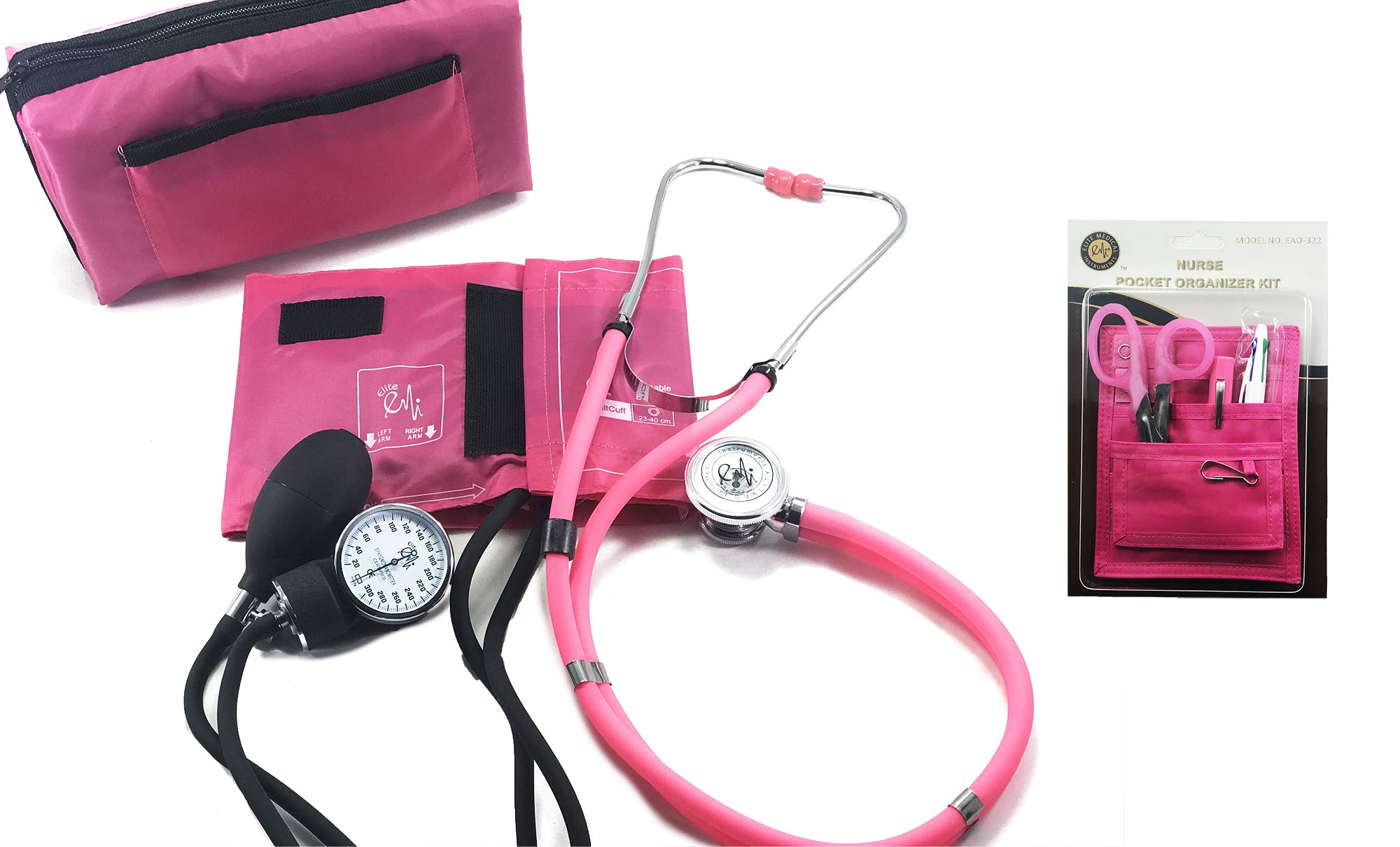 EMI NK-330 6 Piece Nurse Kit - Pink - Sprague Rappaport Stethoscope, Aneroid Sphygmomanometer, and Pocket Organizer Set (Includes Chart Pen, 5.5 in. Lister Bandage Scissors, Pen Light)