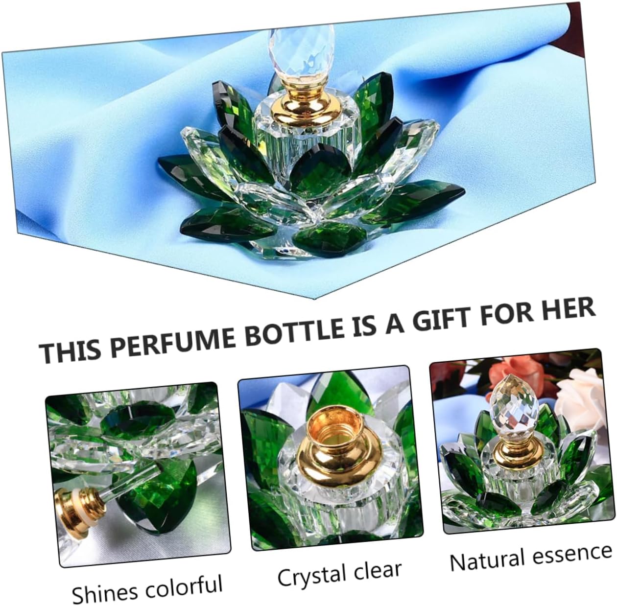 Elegant Lotus Shaped Crystal Glass Perfume Bottle Green Decorative Empty Container for Travel Essential Oils and Cosmetics Storage