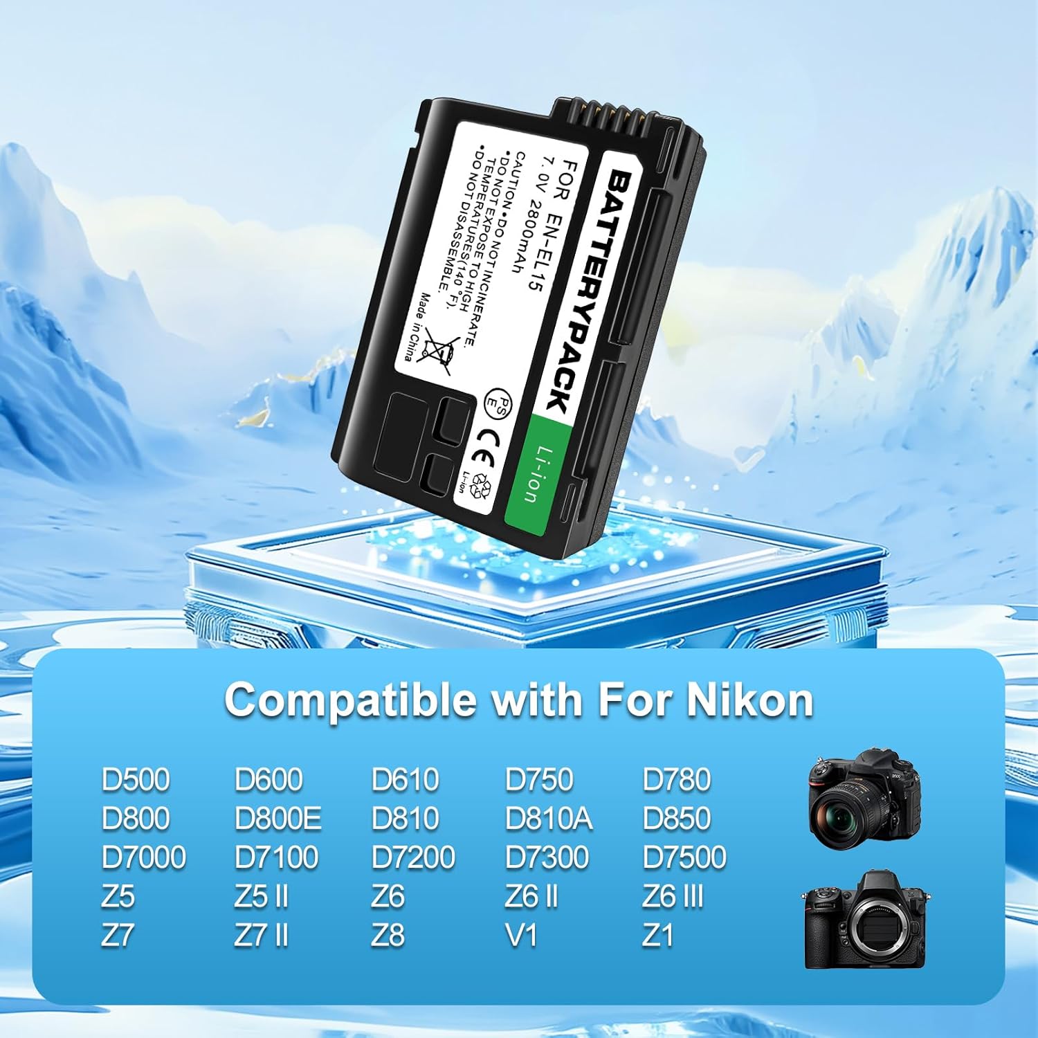 EN-EL15 Replacement Battery 2-Pack with LCD Dual Charger - 2800mAh Li-ion Battery for Nikon D850 D750 Z6II Z7II Z5 D500 D7500 D800 Z8 Zf D810 D800E D810A D600 D610 1 V1 DSLR & Mirrorless Cameras