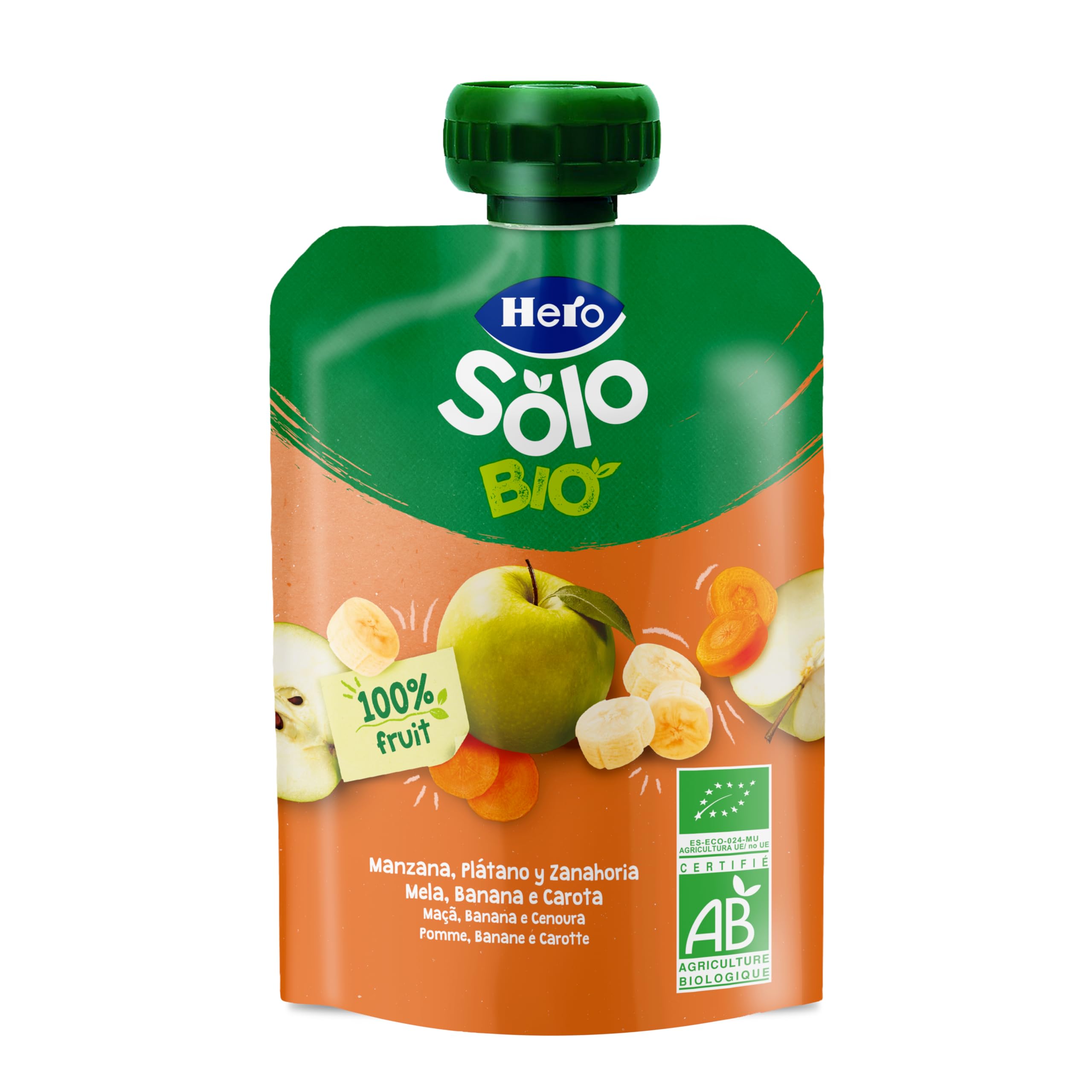 Hero Solo Bolsitas Ecológicas de Manzana, Plátano y Zanahoria BIO para Bebés 6 Meses 100g