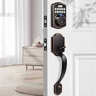 Fingerprint Door Lock with 2 Handles, Matte Black Keyless Entry Door Locks, Electronic Keypad Deadbolt Front Door Lock Set with Pull Handle, Finger Print Door Lock with Handle Set, Oil Rubbed Bronze