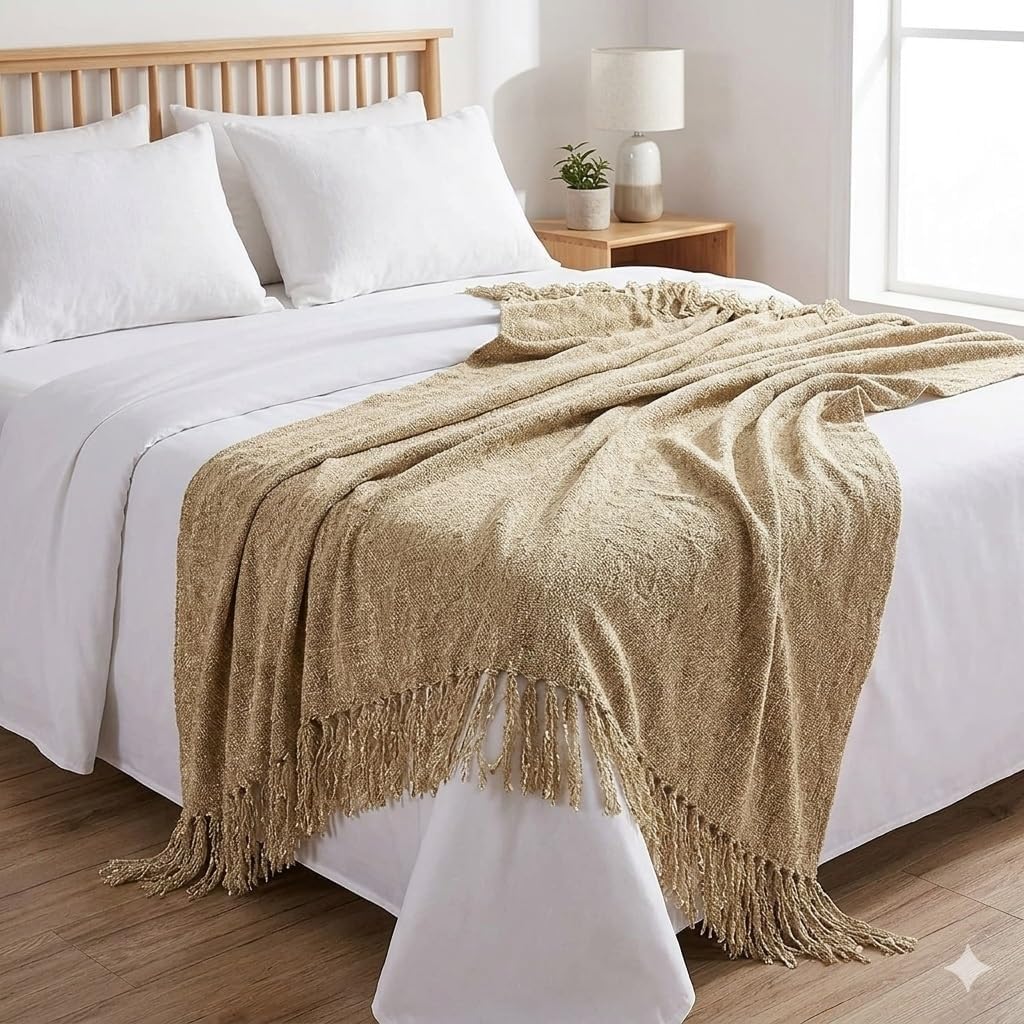 Cazimo Chenille Decorative Throw Blanket for Sofa & Chair | Super Soft All-Season Fringe Throw for Living Room | Fade Resistant, 60x50 Inches, Ivory