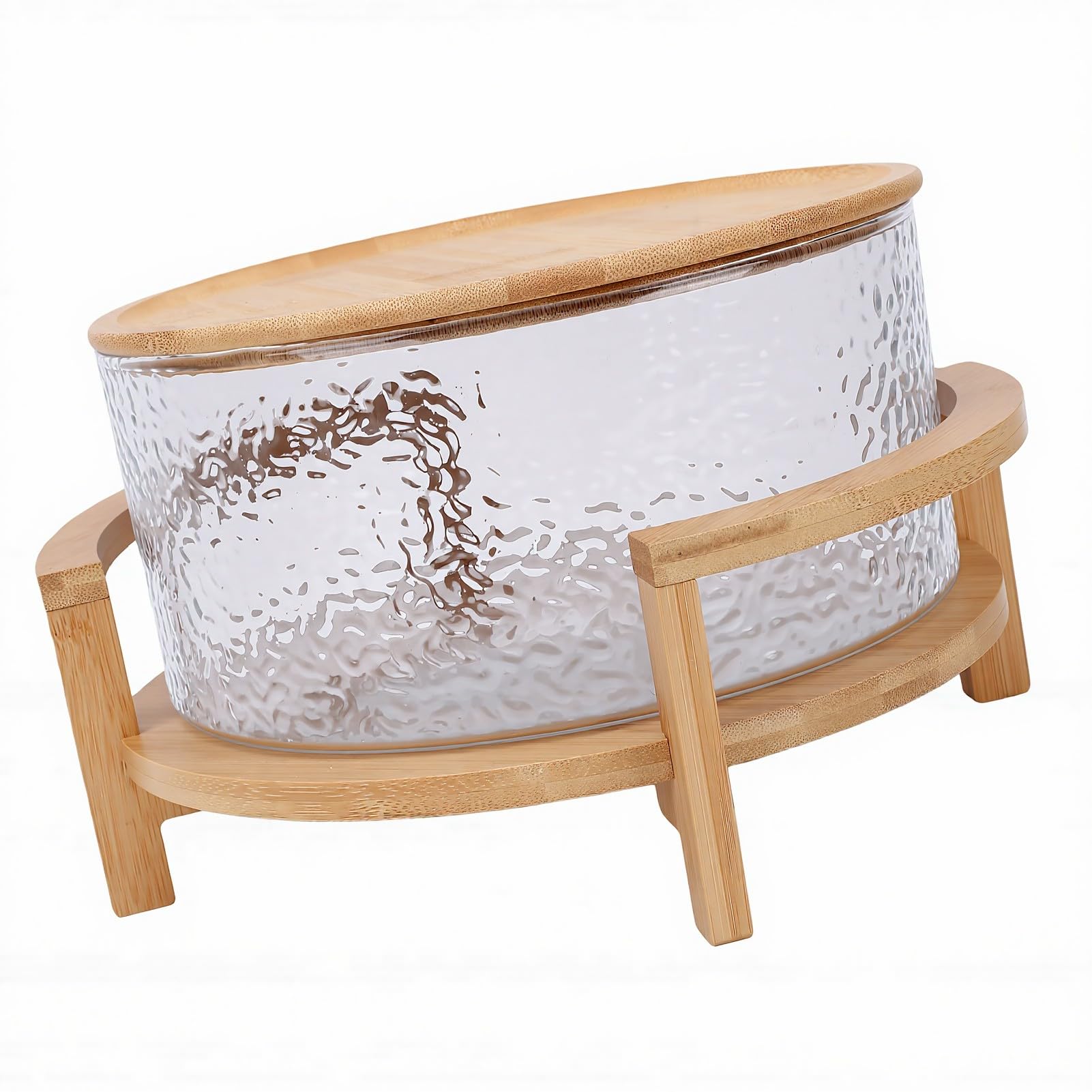 Bewinner Cuenco de Vidrio con Base de Madera, Juego de Ensaladera de Gran Capacidad, 4,3 L con Tapa para Servir Frutas, Postres, Fiestas y Cenas