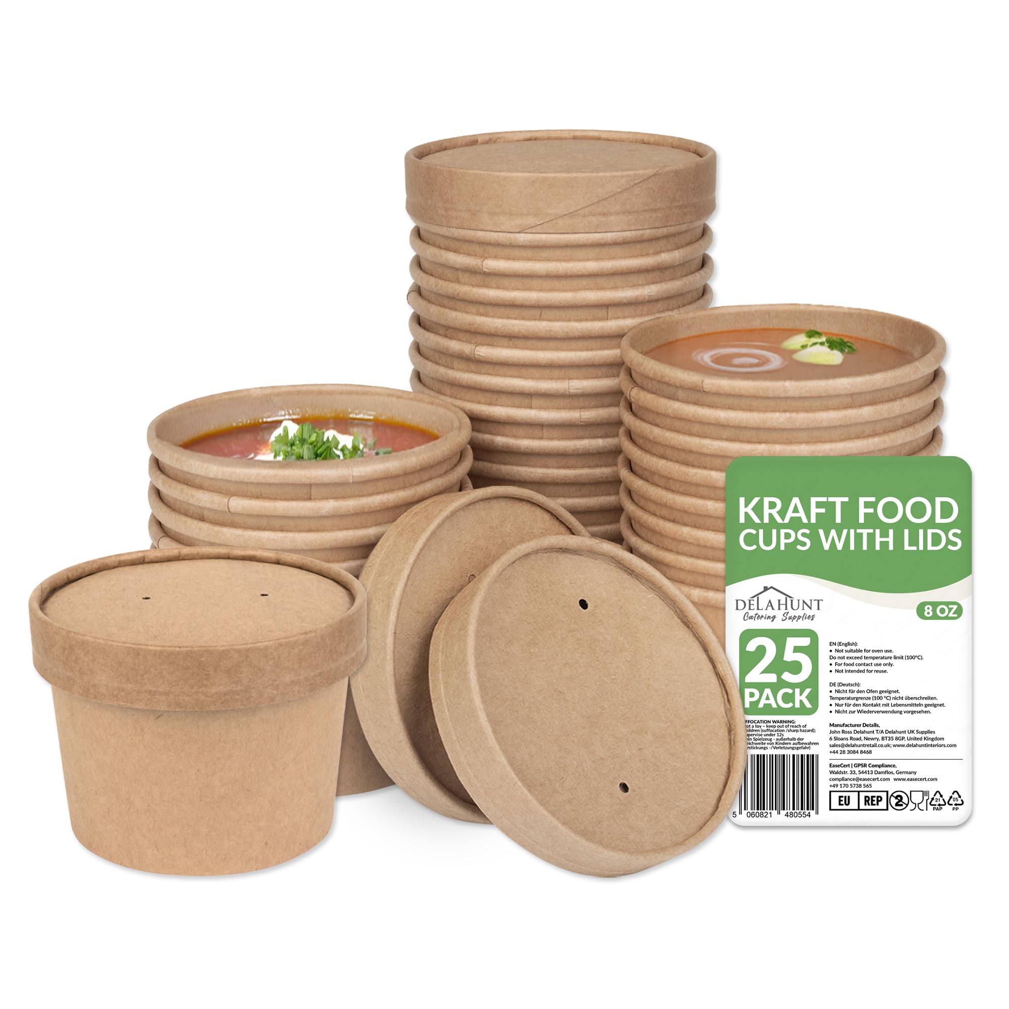 8oz (237ml) Kraft Soup Containers with Lids [25 Pack] - Leakproof Disposable Food Pots | Compostable Freezer & Microwave Safe Takeaway Containers, Soup Cups, Ice Cream Tubs for Hot Food & Desserts