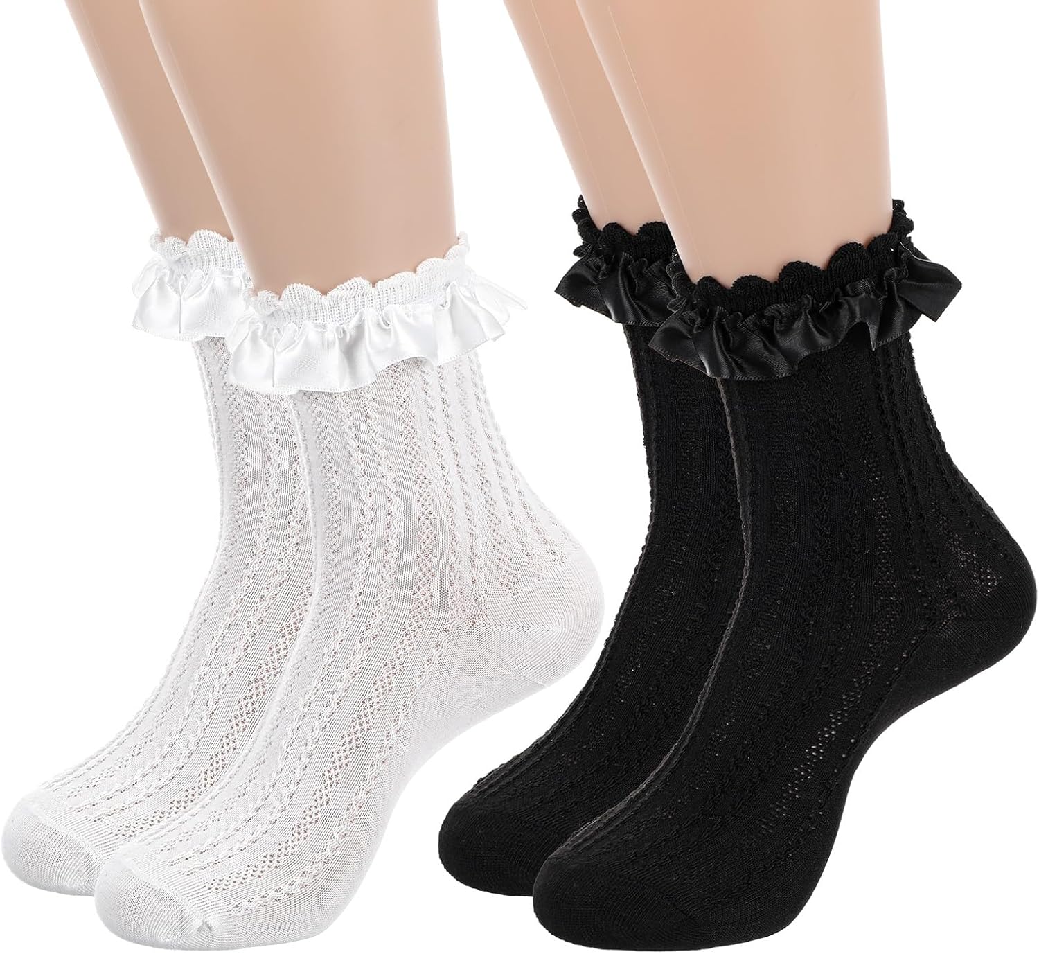 2 Pairs Womens Lace Ruffle Frilly Crew Socks Satin Ruffle Ankle Sock for Women Girls Casual Soft Comfortable Frilly Sock Lolita Princess Accessory (Black + White)